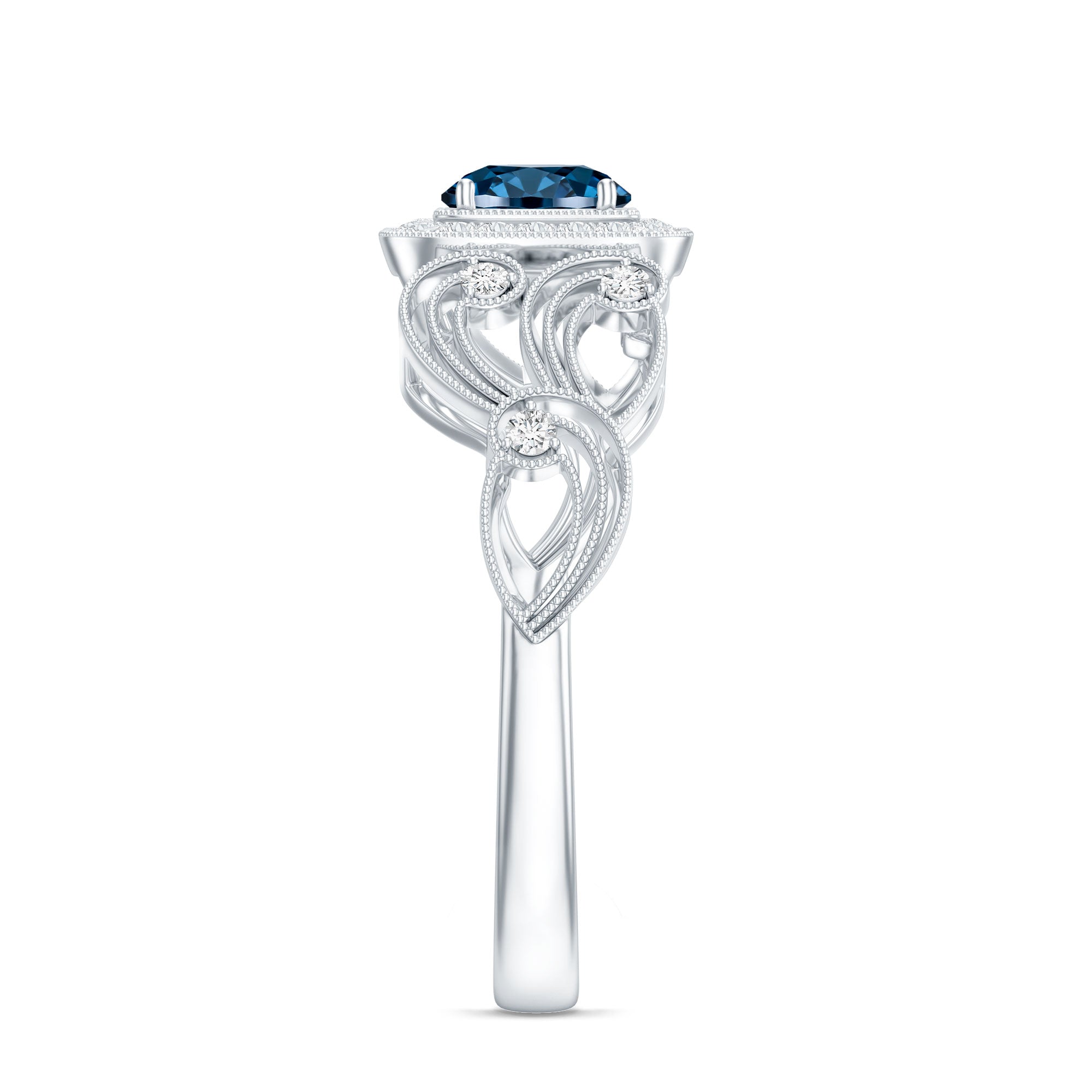 Certified London Blue Topaz Art Deco Engagement Ring with Diamond Halo AAA - Rosec Jewels