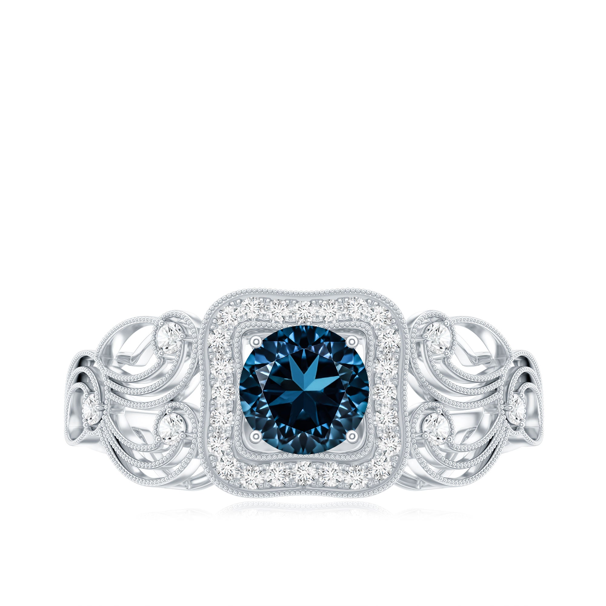 Certified London Blue Topaz Art Deco Engagement Ring with Diamond Halo AAA - Rosec Jewels