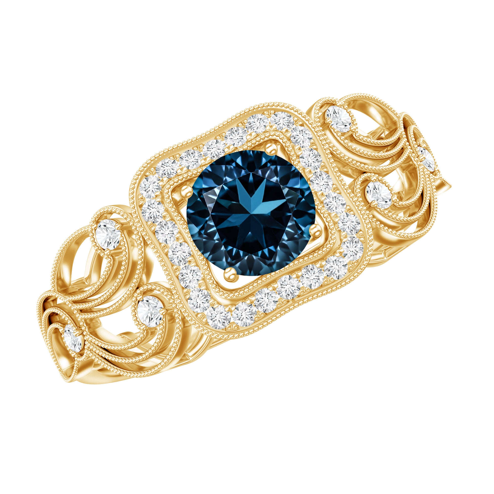 Certified London Blue Topaz Art Deco Engagement Ring with Diamond Halo AAA - Rosec Jewels