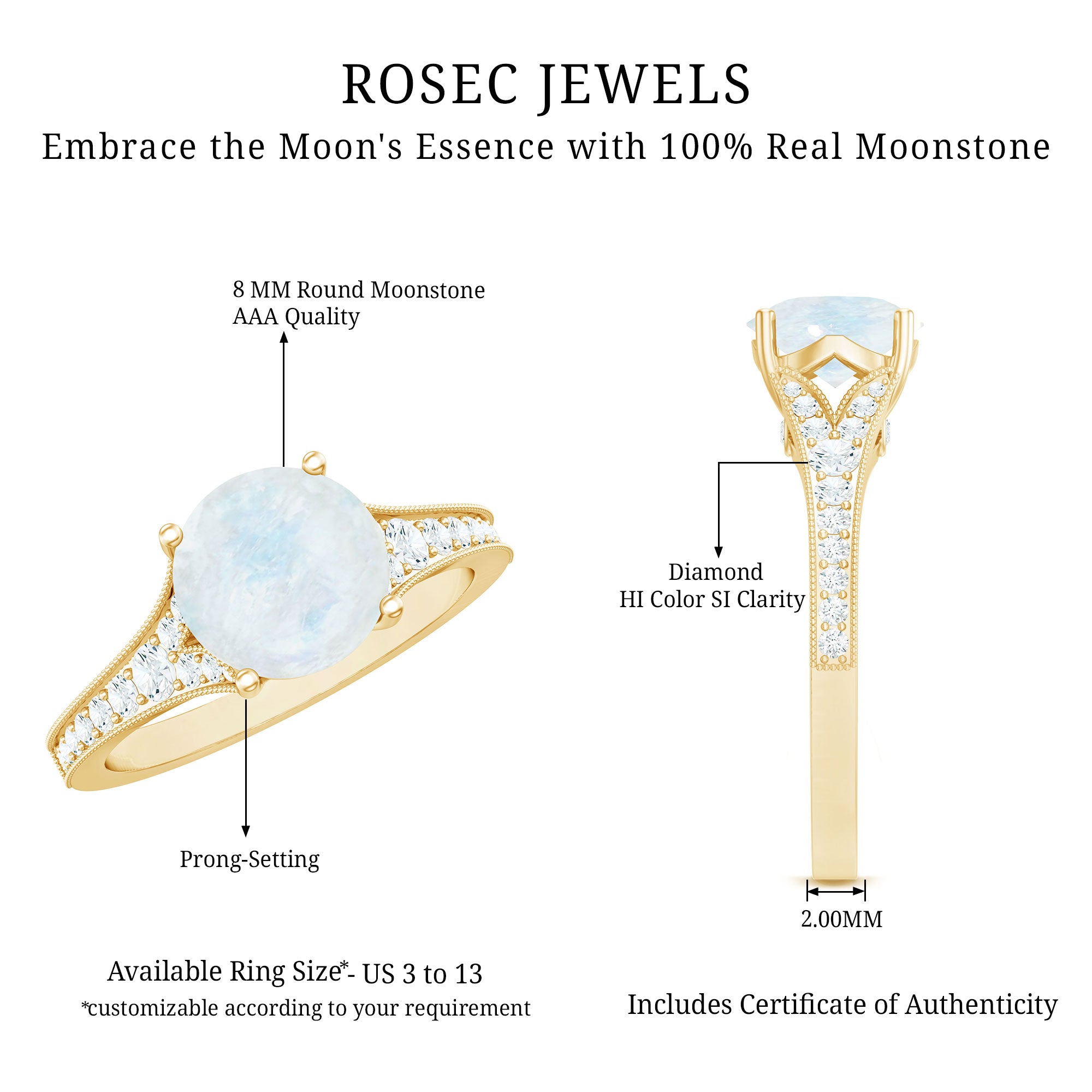 Rosec Jewels-Designer Moonstone Engagement Ring with Diamond Side Stones