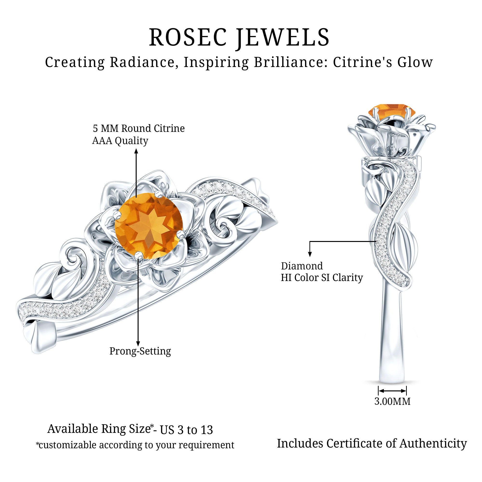 Rosec Jewels-Nature Inspired Citrine Flower Engagement Ring with Diamond