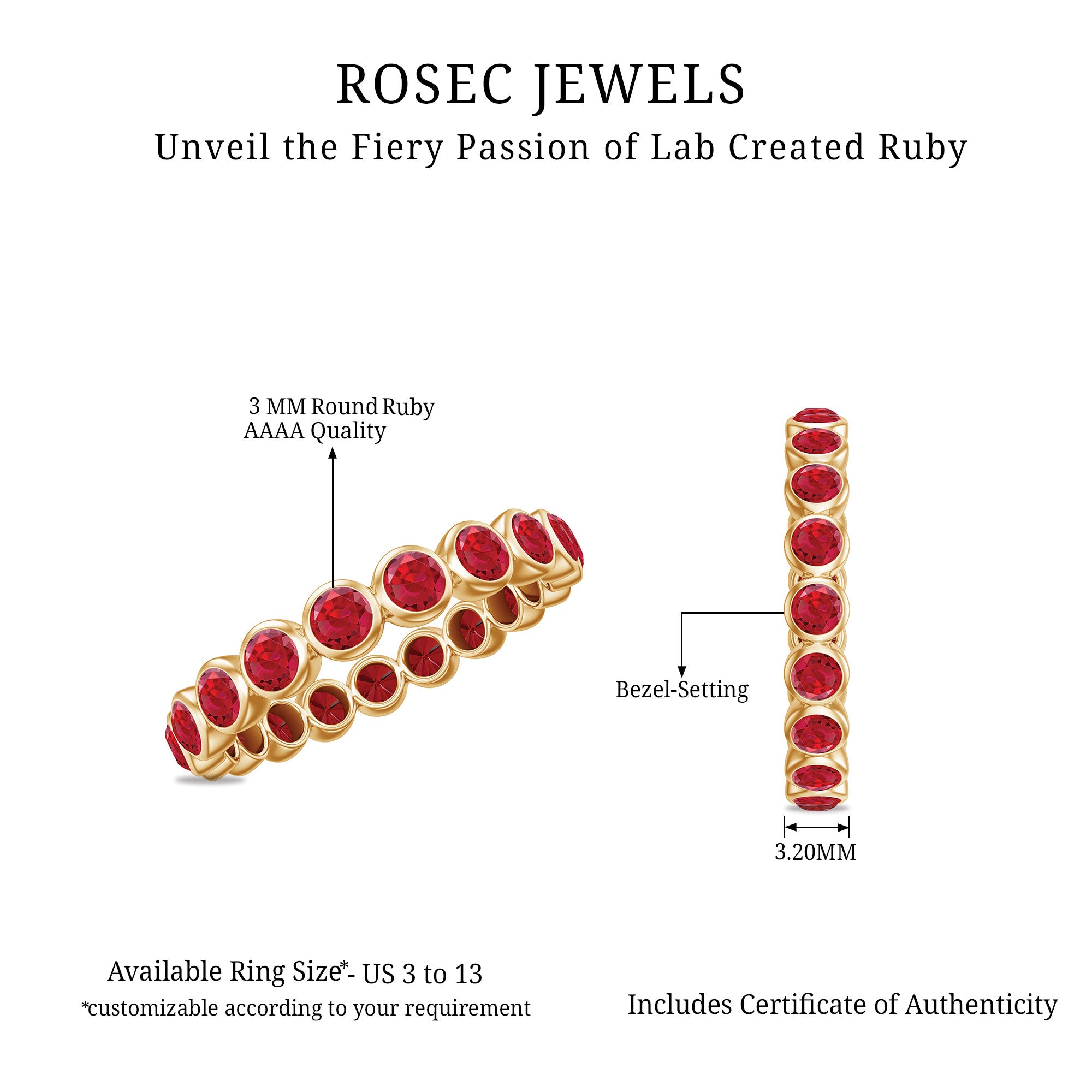 Rosec Jewels-2 CT Bezel Set Round Shape Created Ruby Eternity Ring