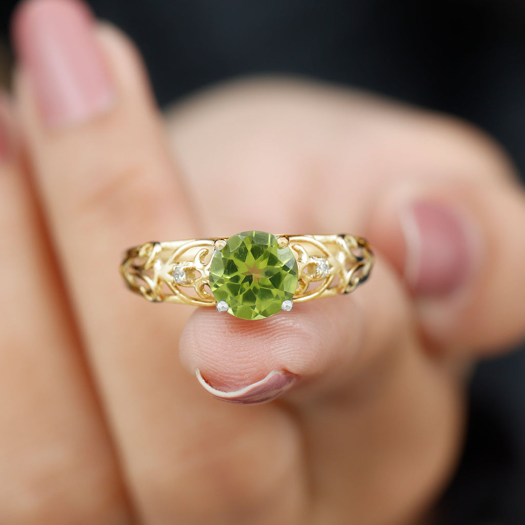 1.25 CT Antique Peridot Solitaire Ring with Diamond Accent Peridot - ( AAA ) - Quality - Rosec Jewels