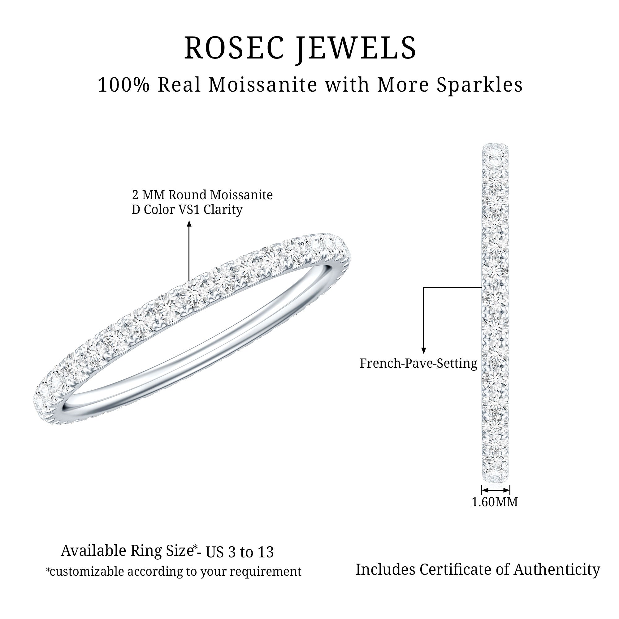 Certified Pave Moissanite Stackable Eternity Band in Silver D-VS1 92.5 Sterling Silver - Rosec Jewels