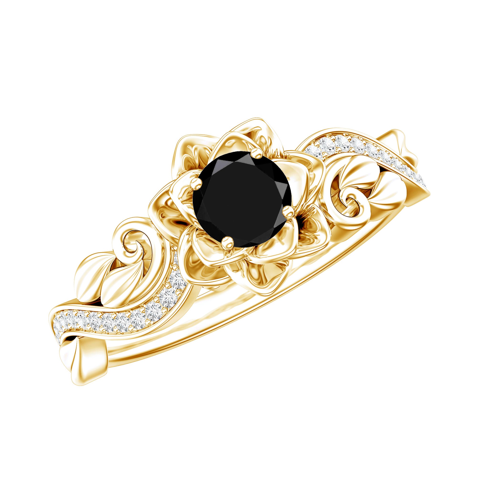 Certified 0.8 Carat Lab Grown Black and White Diamond Flower Engagement Ring AAAA ( Synthetic ) - Rosec Jewels