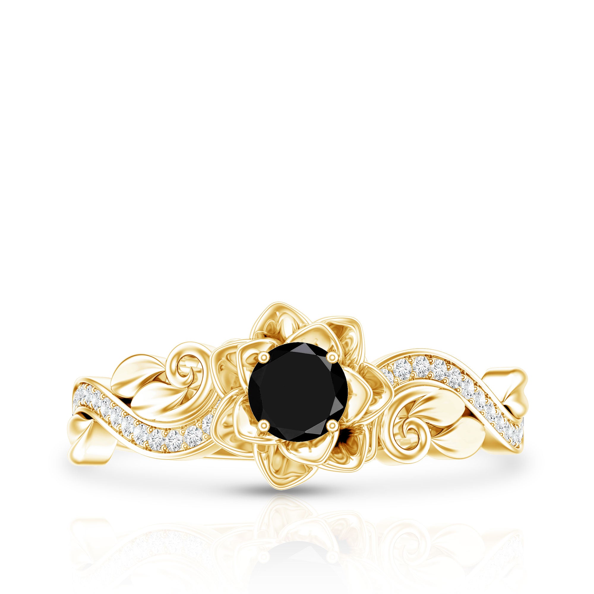 Certified 0.8 Carat Lab Grown Black and White Diamond Flower Engagement Ring AAAA ( Synthetic ) - Rosec Jewels