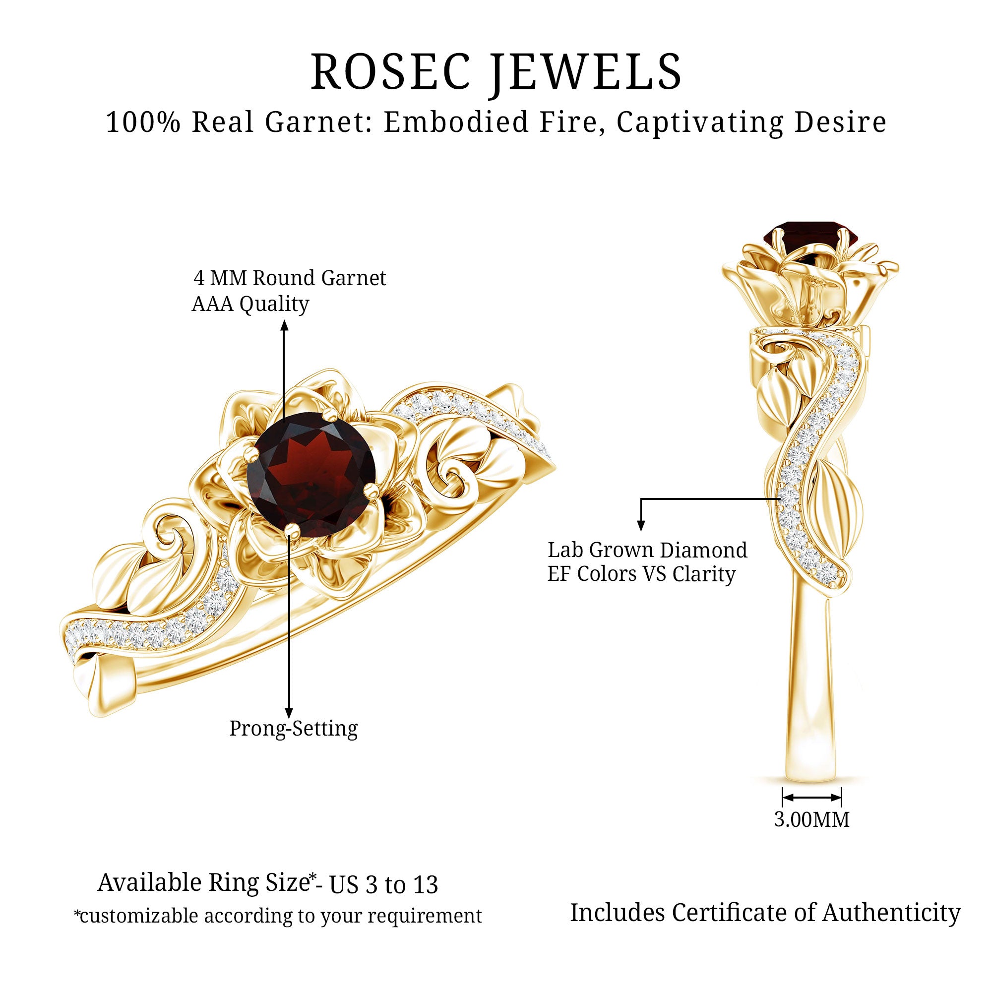 Certified Natural Garnet Rose Flower Engagement Ring with Diamond AAA - Rosec Jewels