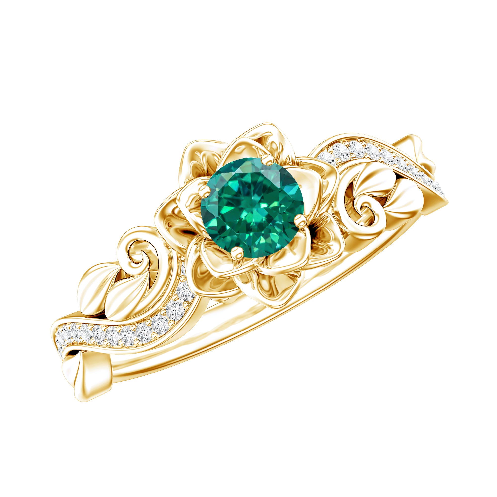 Lab Created Emerald and Diamond Flower Engagement Ring in Silver AAAA 14K Yellow Gold Plated Silver - Rosec Jewels