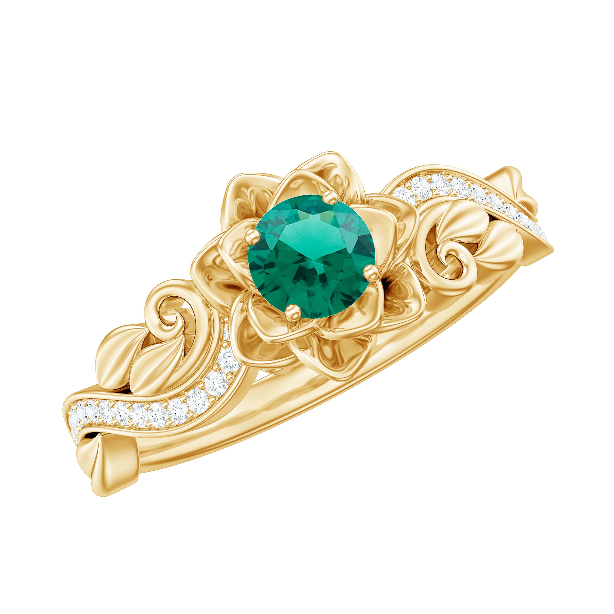 Lab Created Emerald and Diamond Flower Engagement Ring in Silver