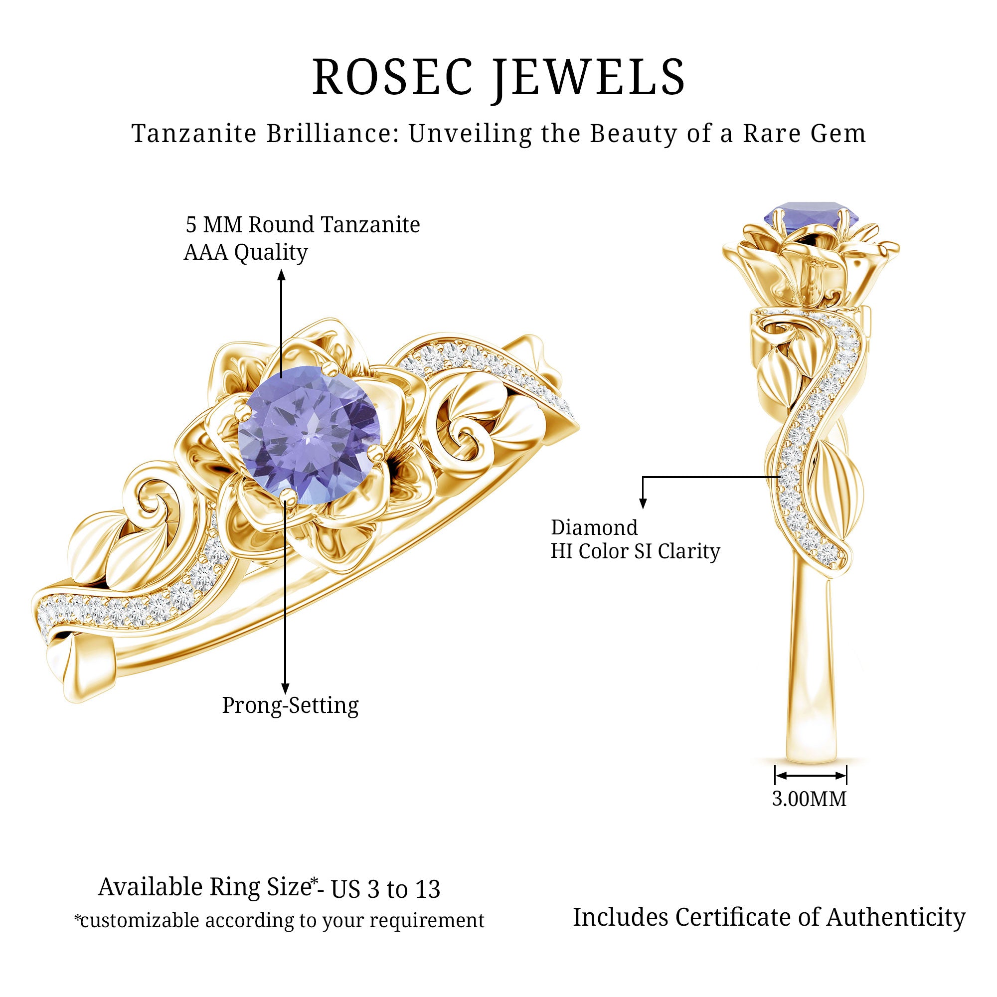 Rosec Jewels-Nature Inspired Tanzanite Engagement Ring with Diamond