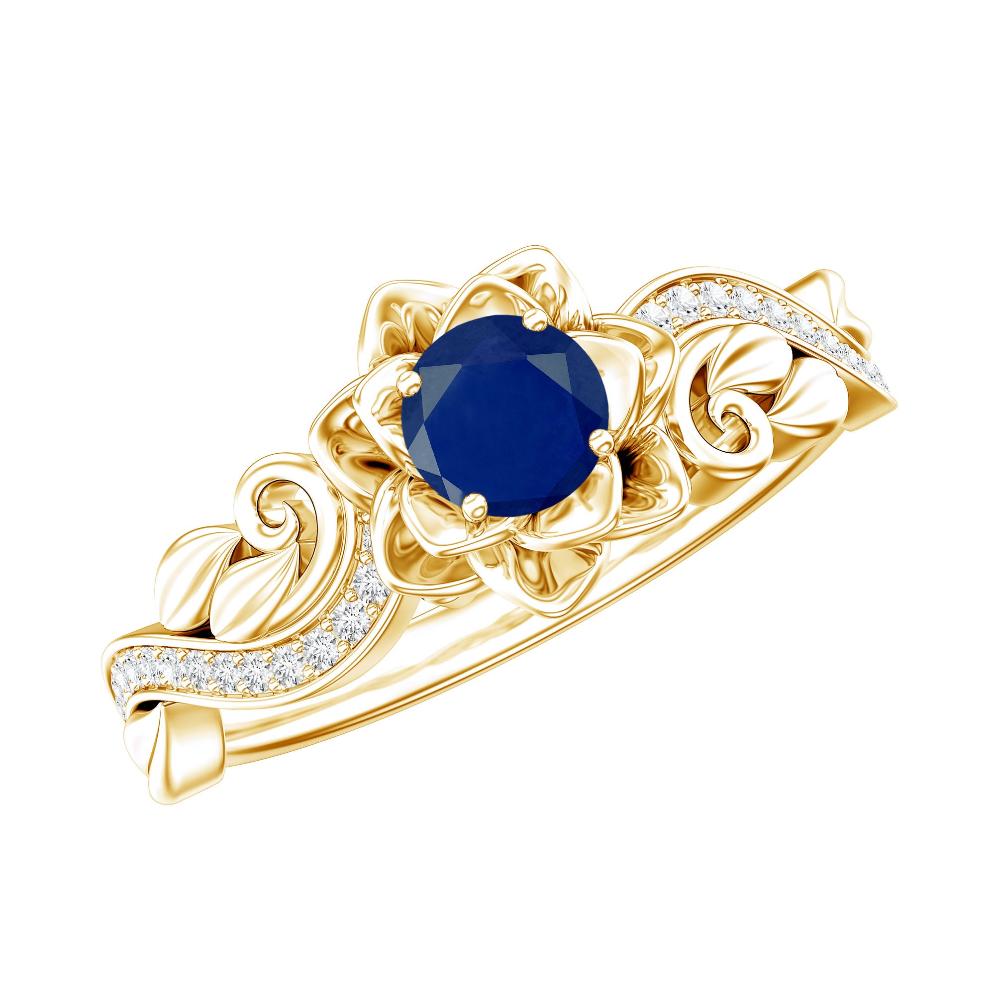 Rosec Jewels-Rose Flower Engagement Ring with Genuine Blue Sapphire and Diamond