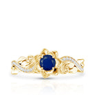 Rosec Jewels-Rose Flower Engagement Ring with Genuine Blue Sapphire and Diamond