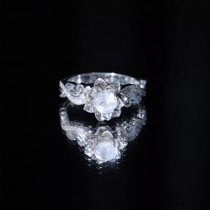 Rosec Jewels-Natural Moonstone Rose Flower Engagement Ring With Diamond