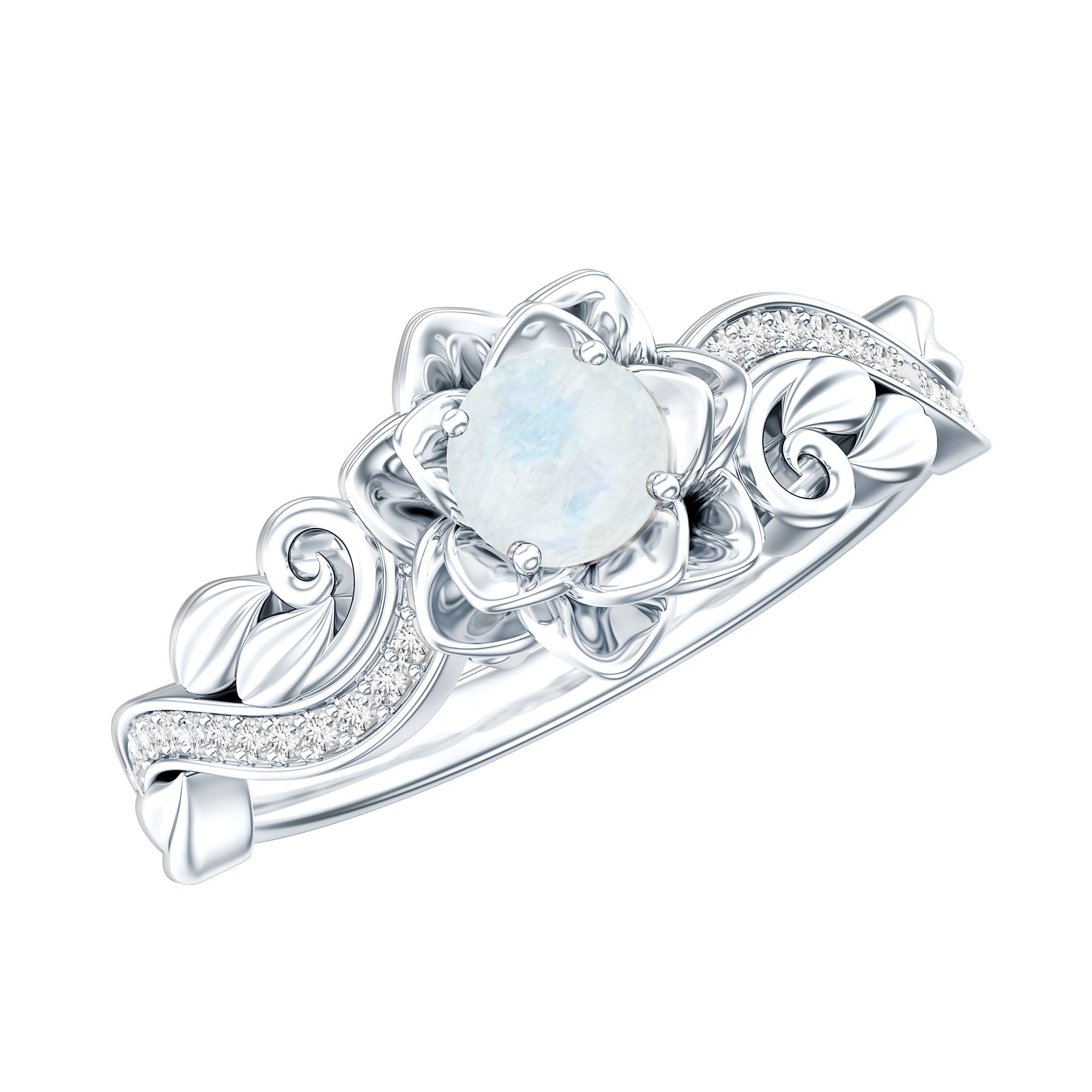 Rosec Jewels-Natural Moonstone Rose Flower Engagement Ring With Diamond