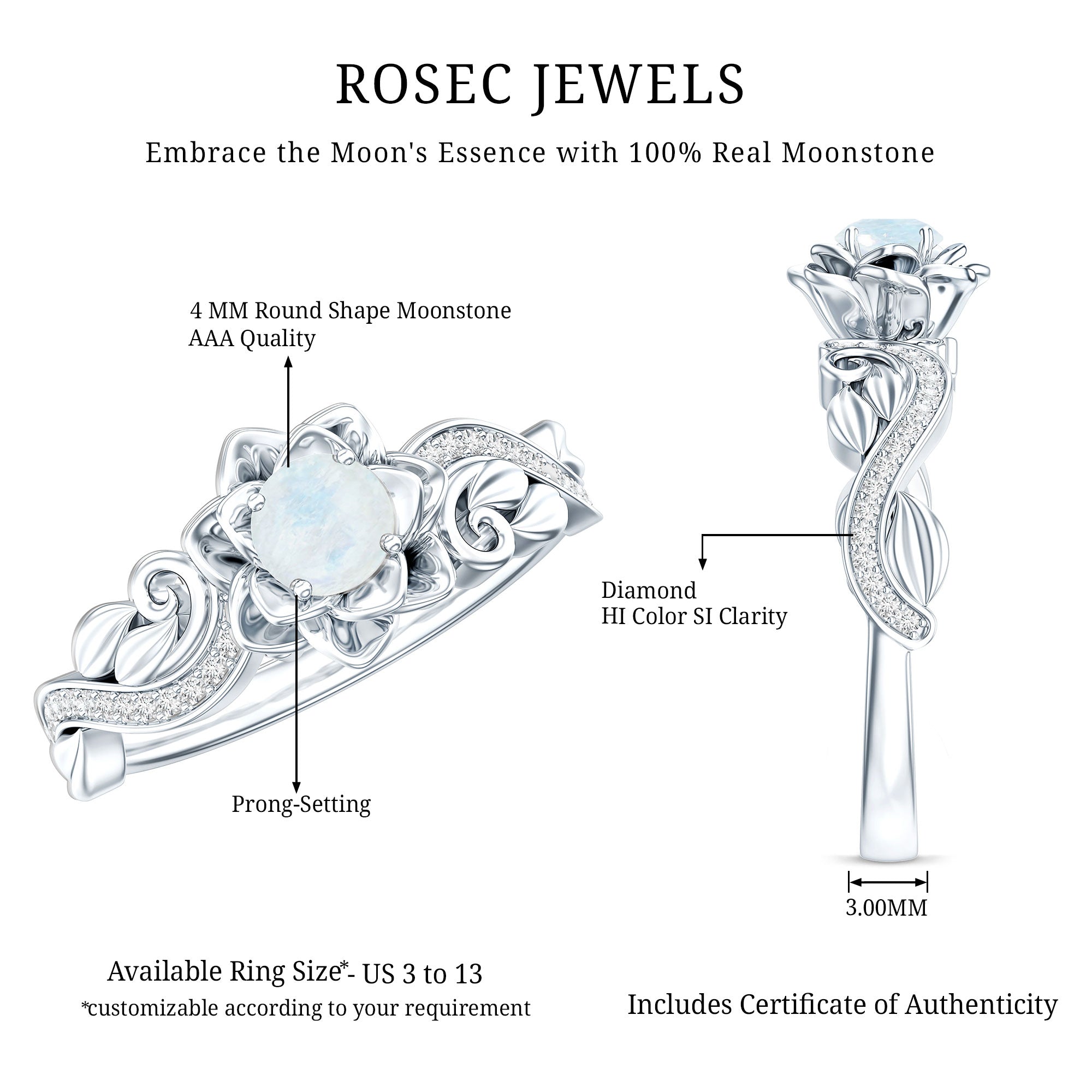 Rosec Jewels-Natural Moonstone Rose Flower Engagement Ring With Diamond