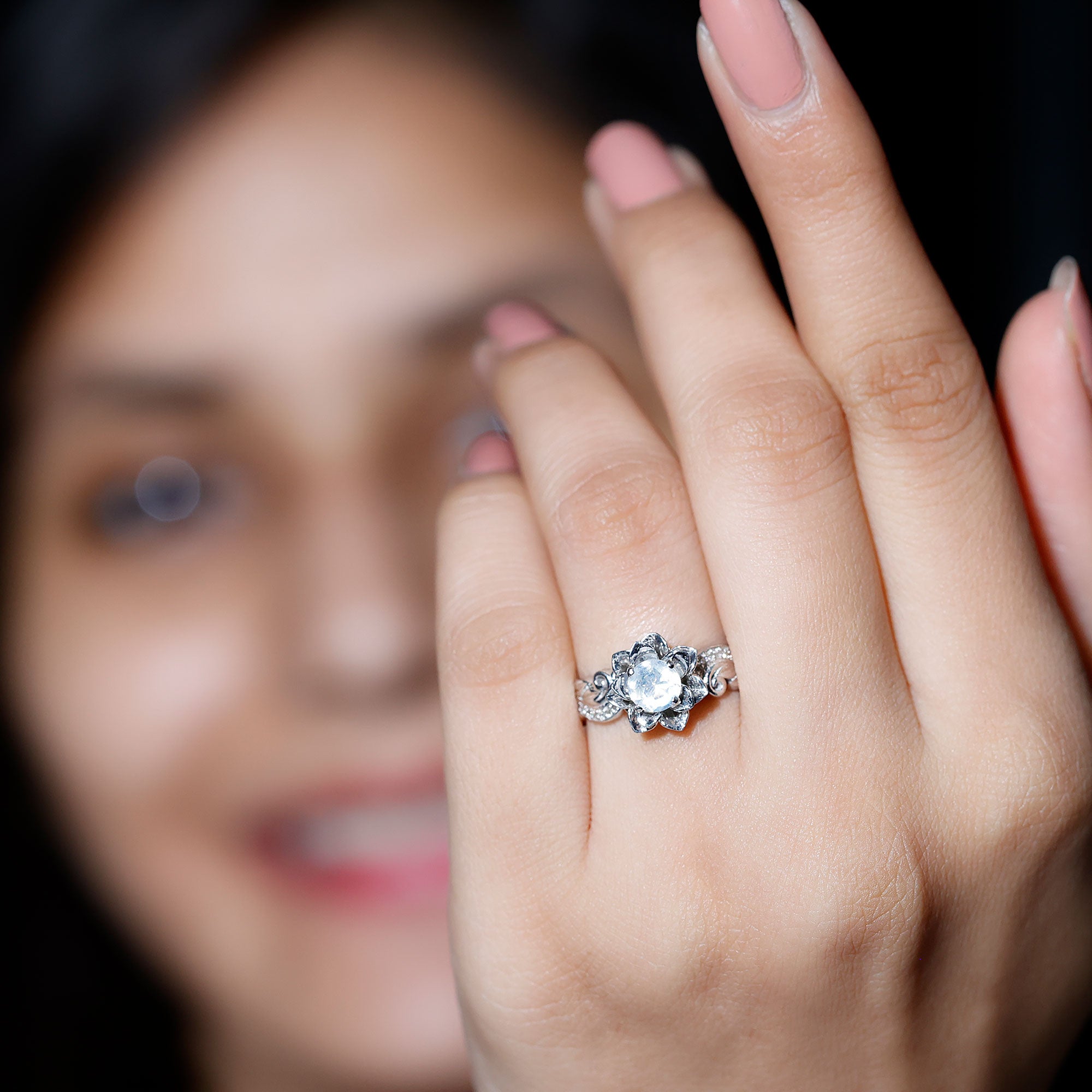 Rosec Jewels-Natural Moonstone Rose Flower Engagement Ring With Diamond