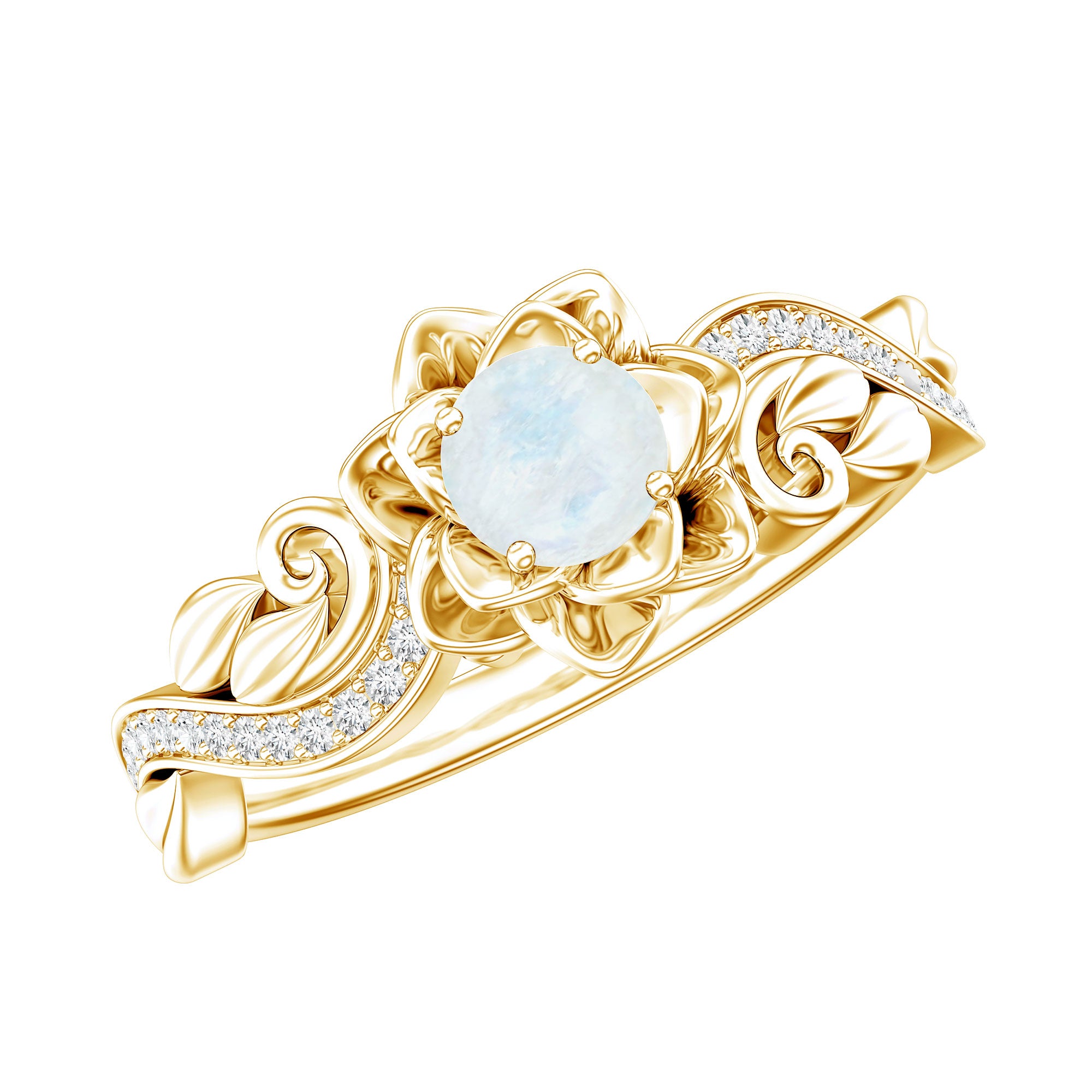 Rosec Jewels-Natural Moonstone Rose Flower Engagement Ring With Diamond
