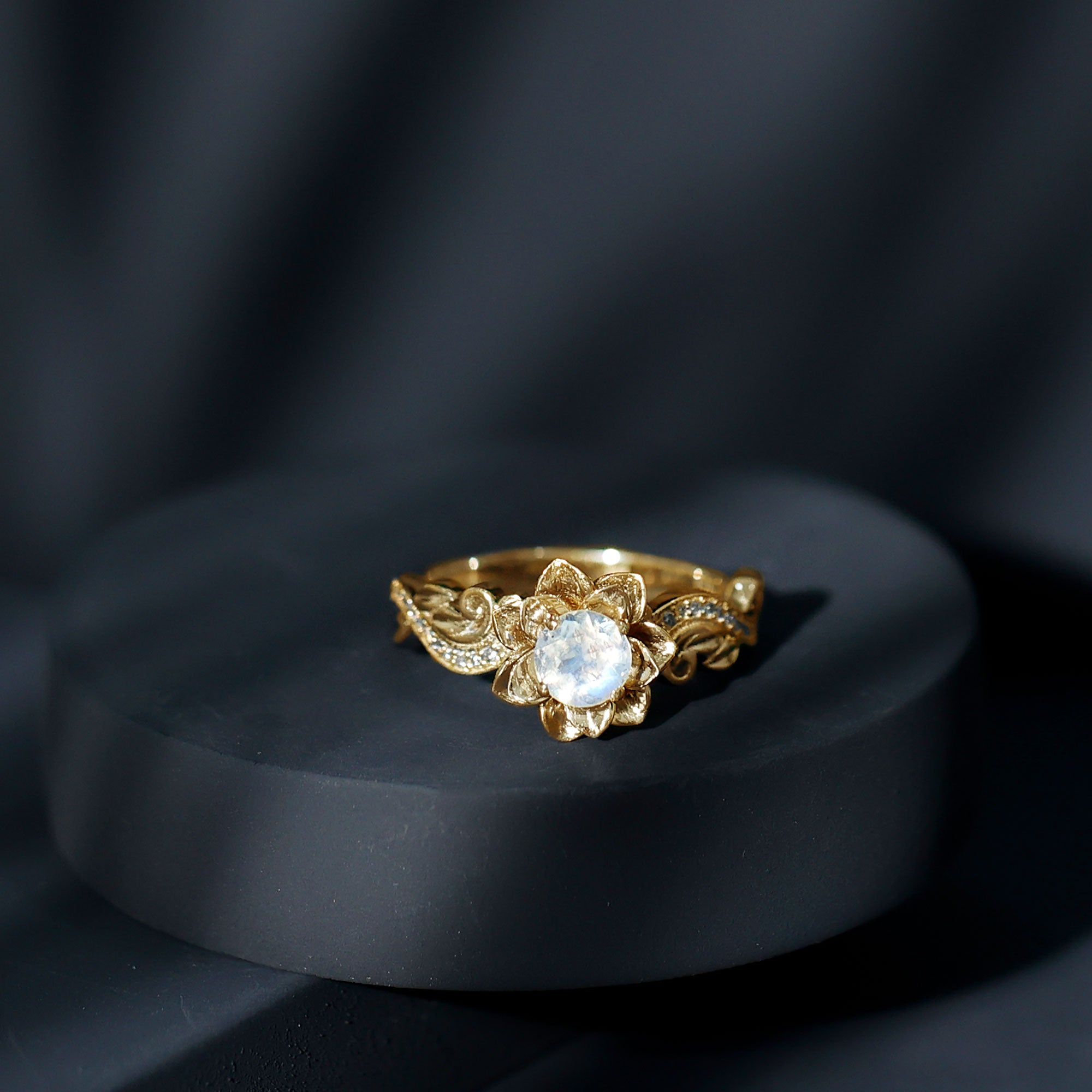Rosec Jewels-Natural Moonstone Rose Flower Engagement Ring With Diamond