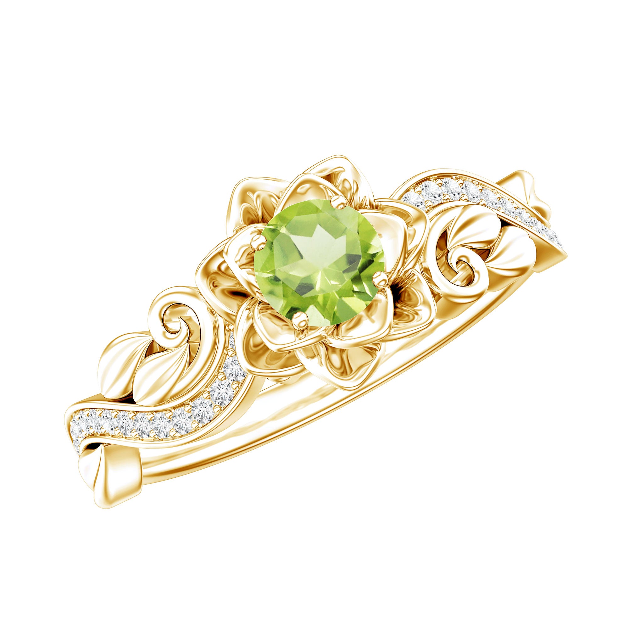 Genuine Peridot and Diamond Flower Inspired Engagement Ring AAA - Rosec Jewels