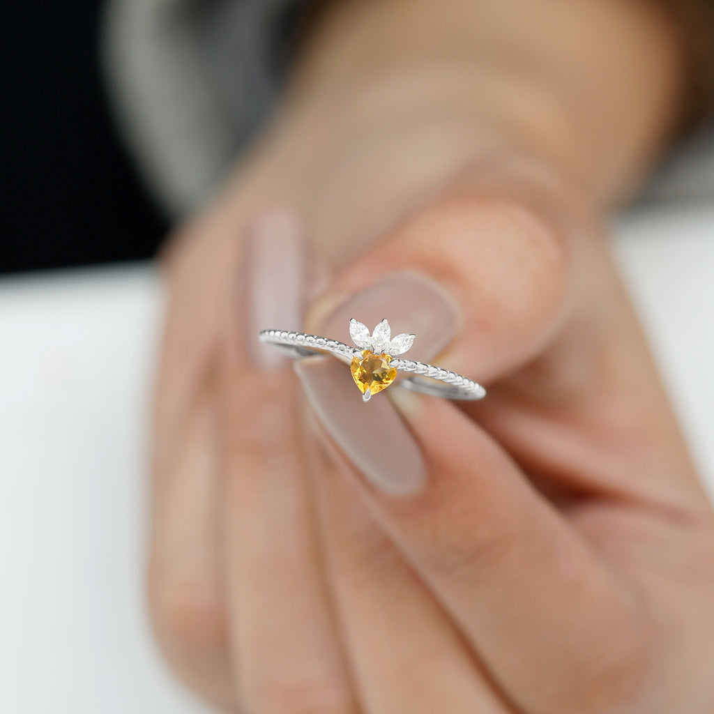 Rosec Jewels - Heart Shape Citrine and Diamond Dainty Promise Ring with Beaded Detailing