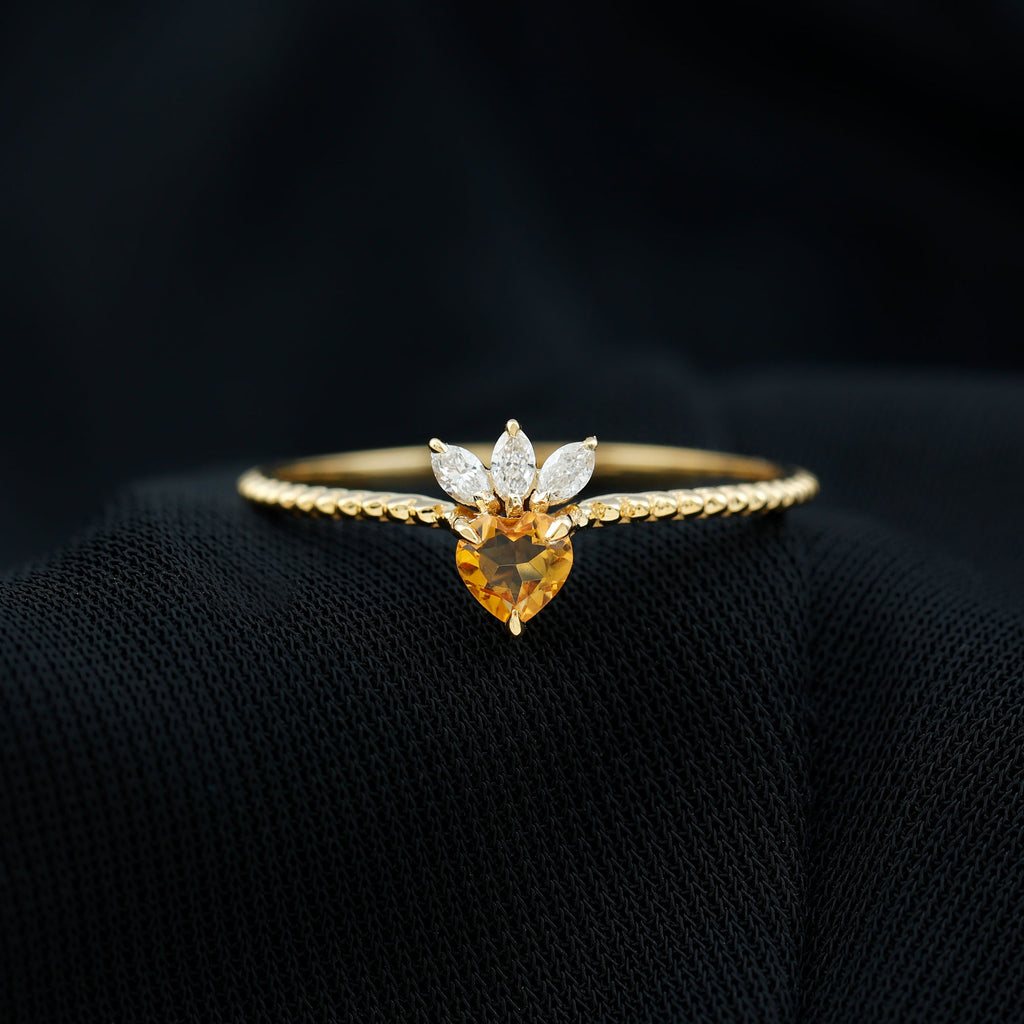 Rosec Jewels - Heart Shape Citrine and Diamond Dainty Promise Ring with Beaded Detailing