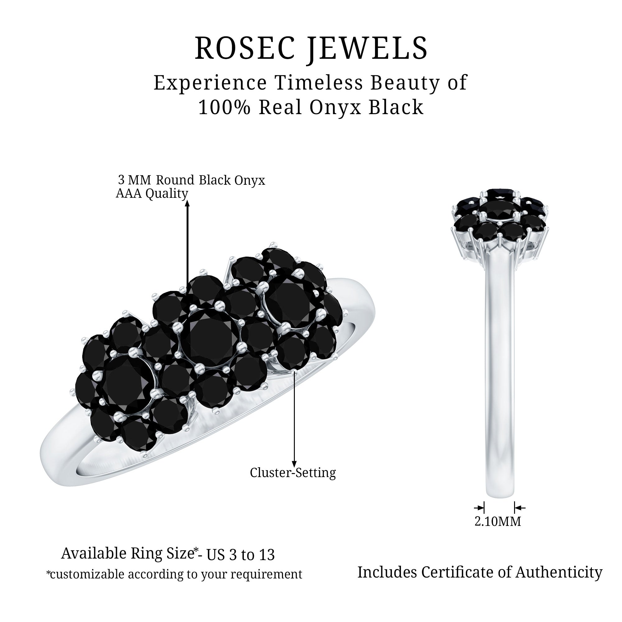 Certified Black Onyx Flower Engagement Ring AAA - Rosec Jewels