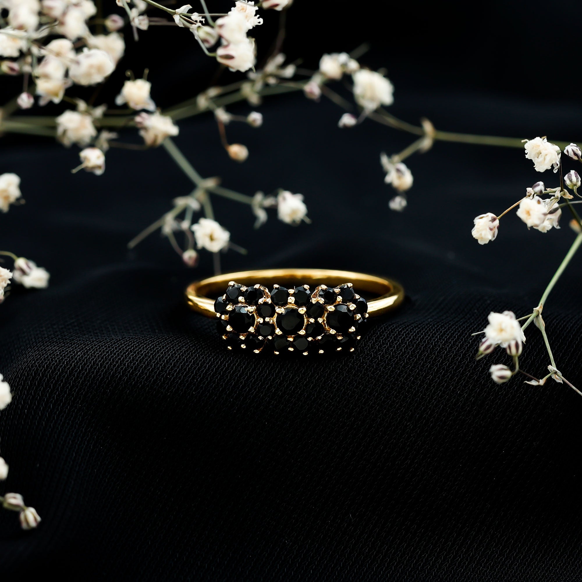 Certified Black Onyx Flower Engagement Ring AAA - Rosec Jewels