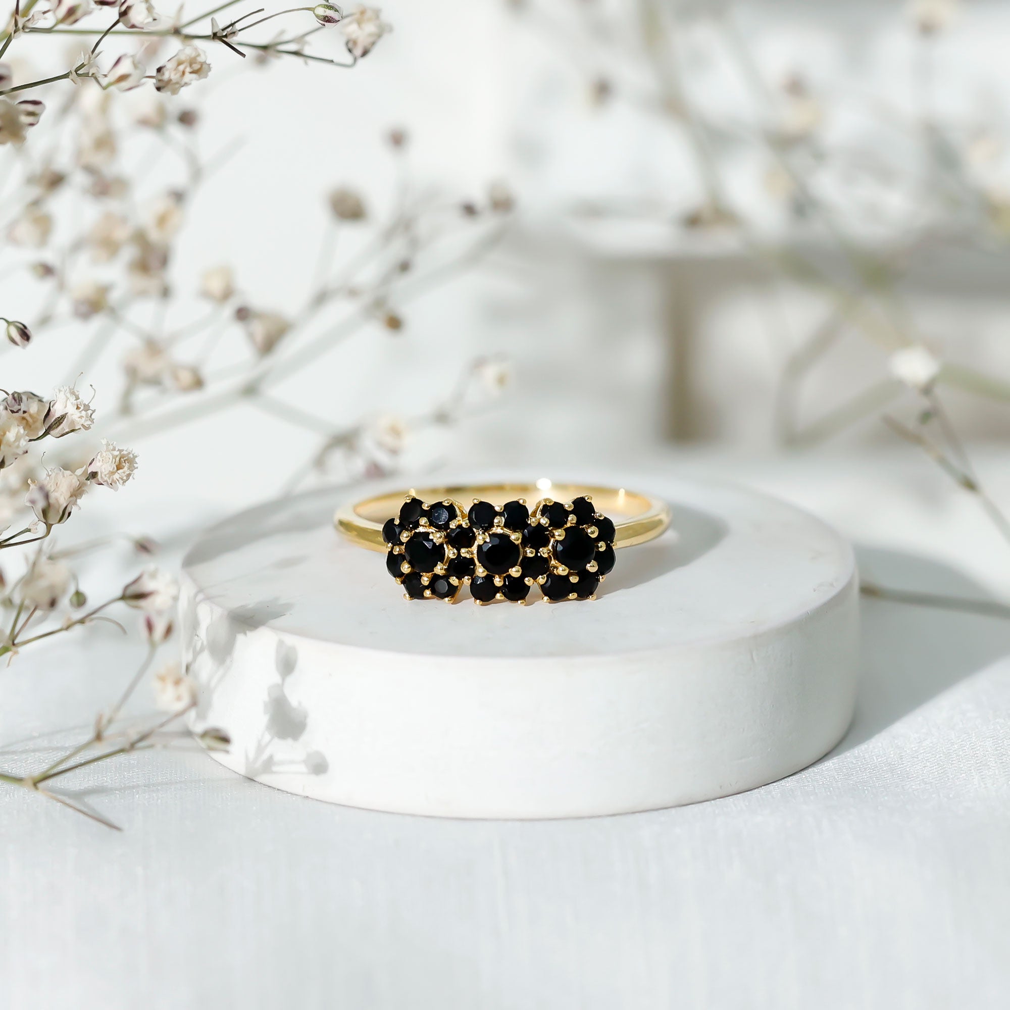 Certified Black Onyx Flower Engagement Ring AAA - Rosec Jewels