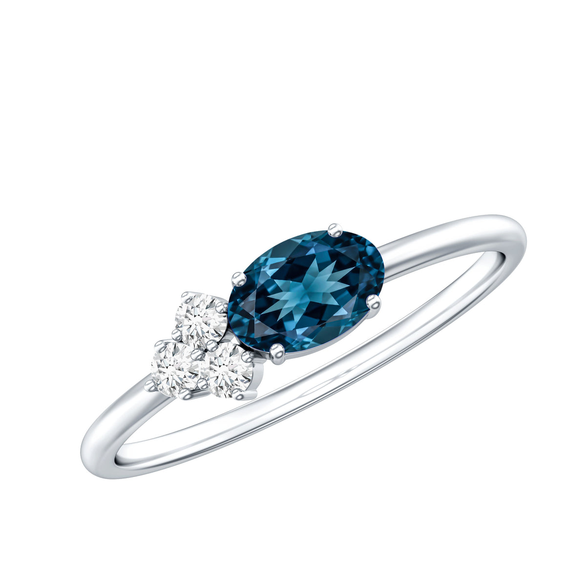 0.4 Carat Oval Cut London Blue Topaz East West Promise Ring with Diamond Trio AAA - Rosec Jewels