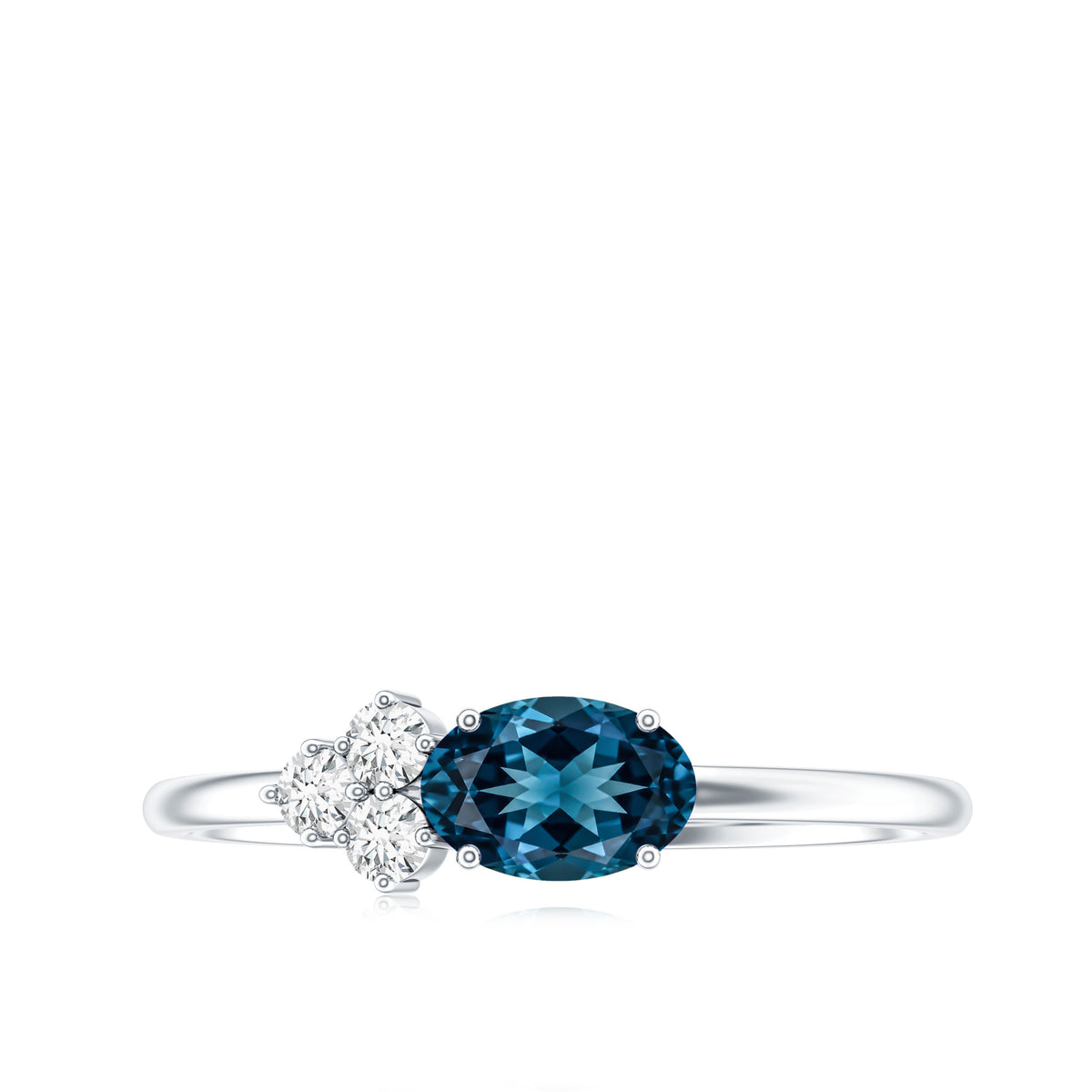 0.4 Carat Oval Cut London Blue Topaz East West Promise Ring with Diamond Trio AAA - Rosec Jewels