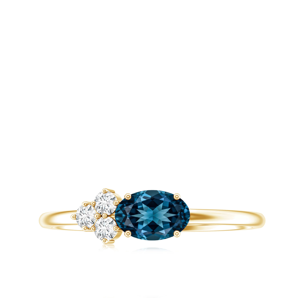 0.4 Carat Oval Cut London Blue Topaz East West Promise Ring with Diamond Trio AAA - Rosec Jewels