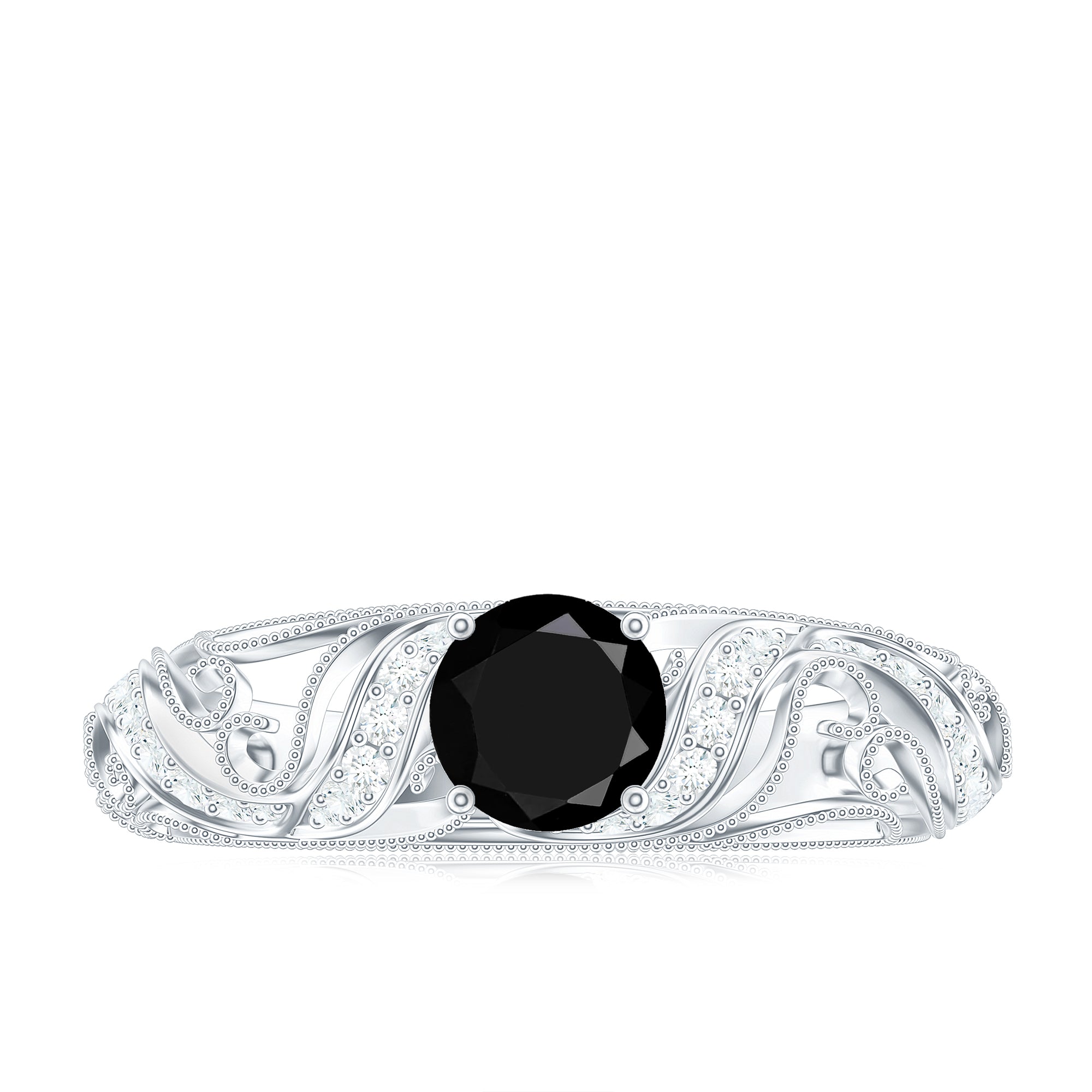 Rosec Jewels-Vintage Looking Black Spinel Engagement Ring with Diamond