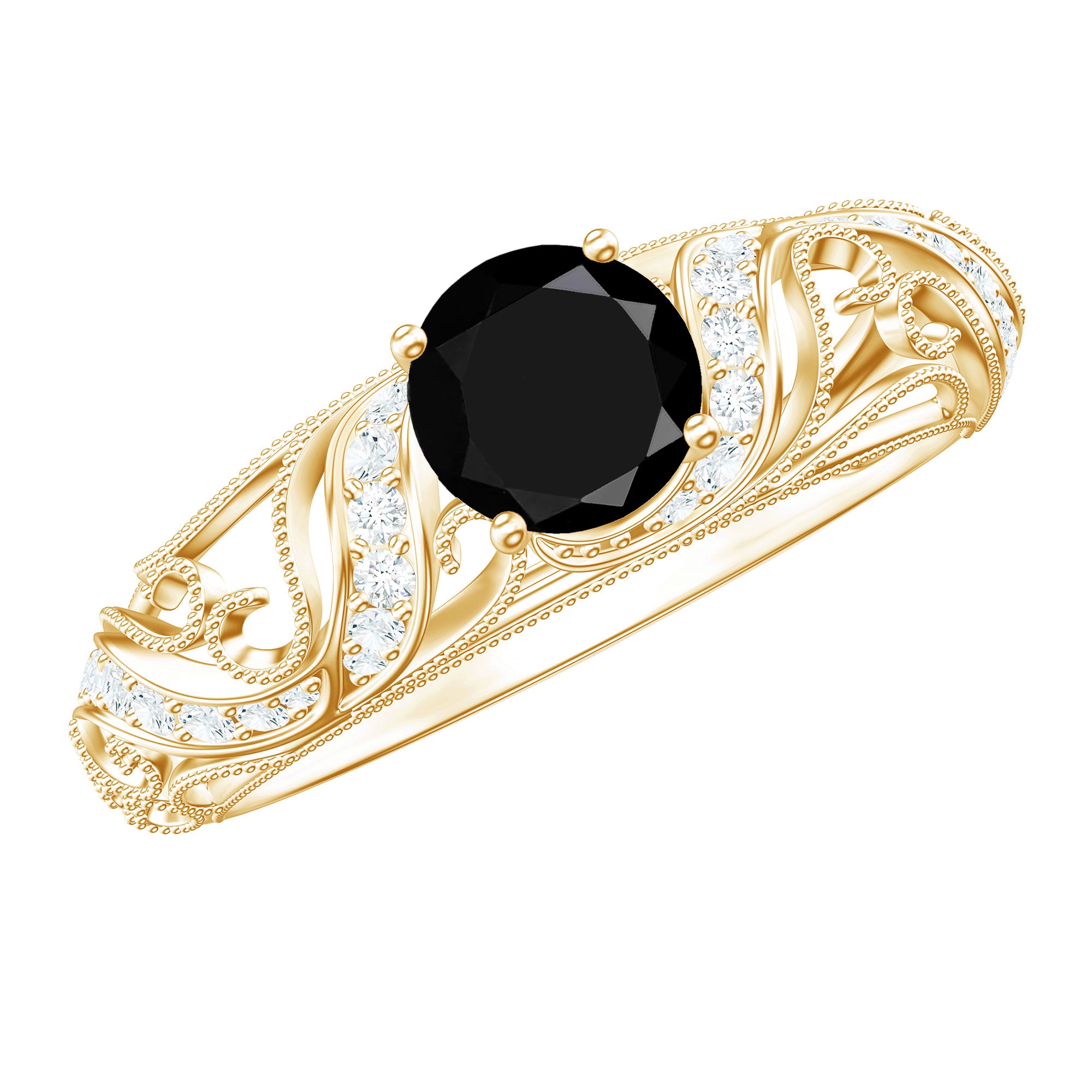 Rosec Jewels-Vintage Looking Black Spinel Engagement Ring with Diamond