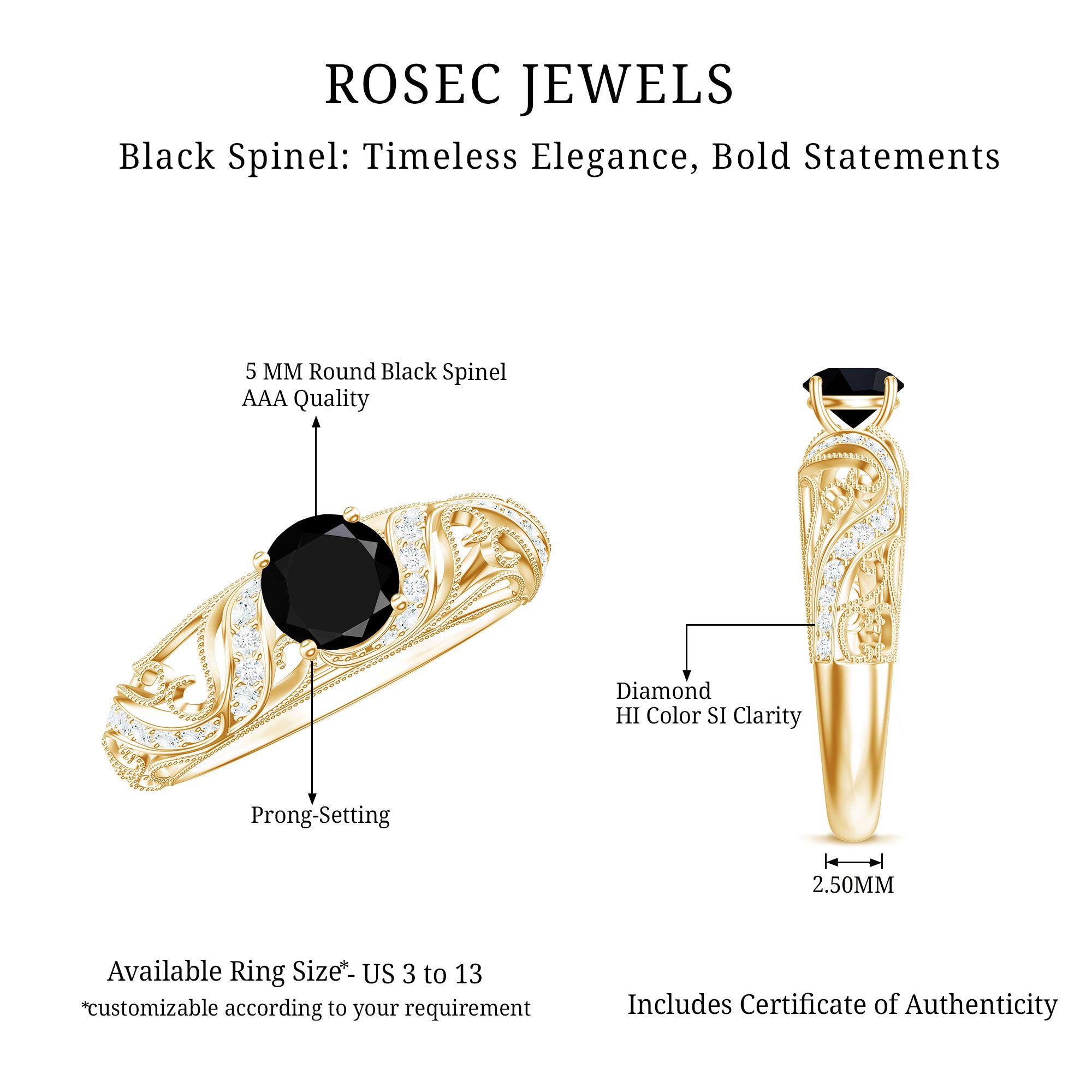 Rosec Jewels-Vintage Looking Black Spinel Engagement Ring with Diamond