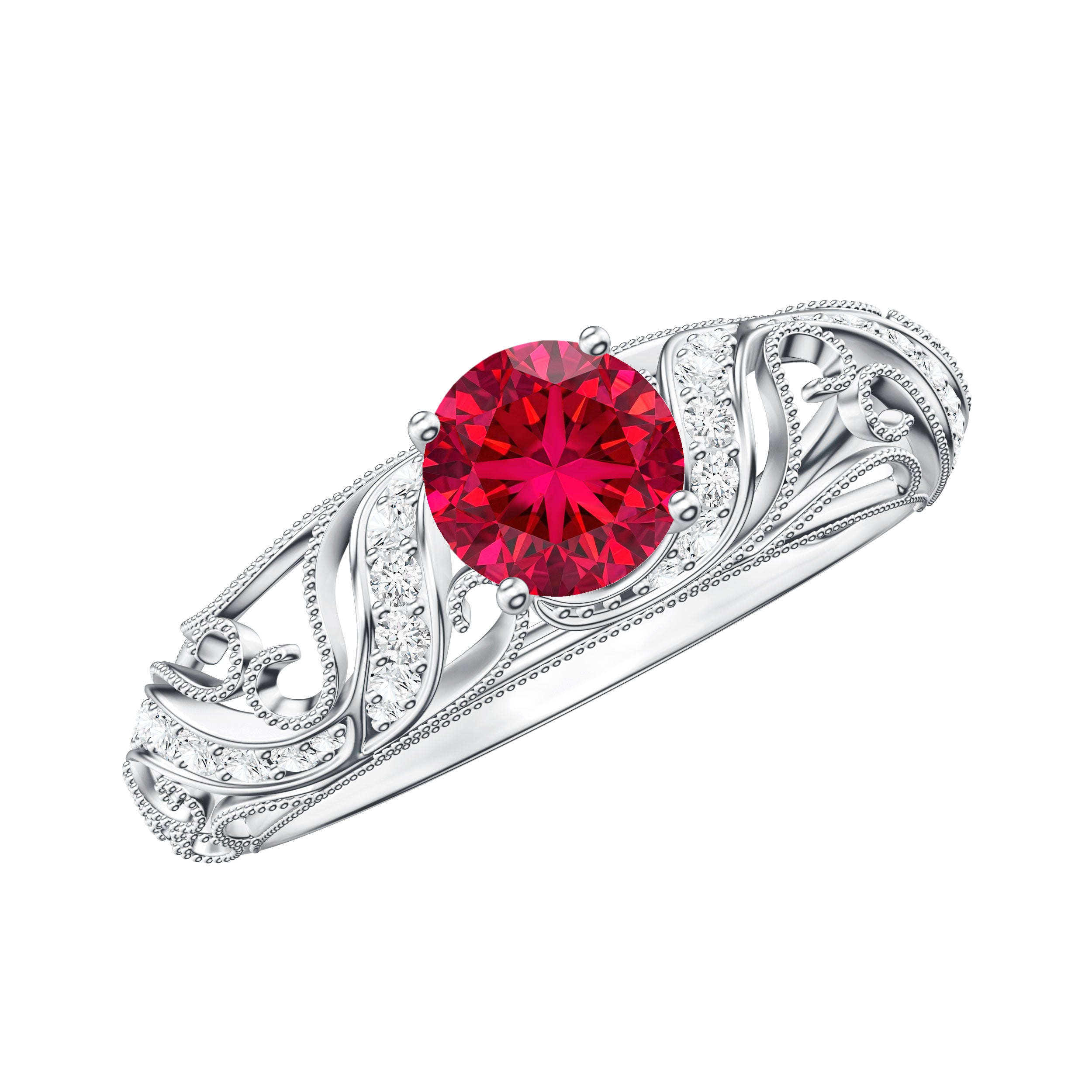 Lab Created Ruby and Diamond Vintage Inspired Engagement Ring AAAA - Rosec Jewels
