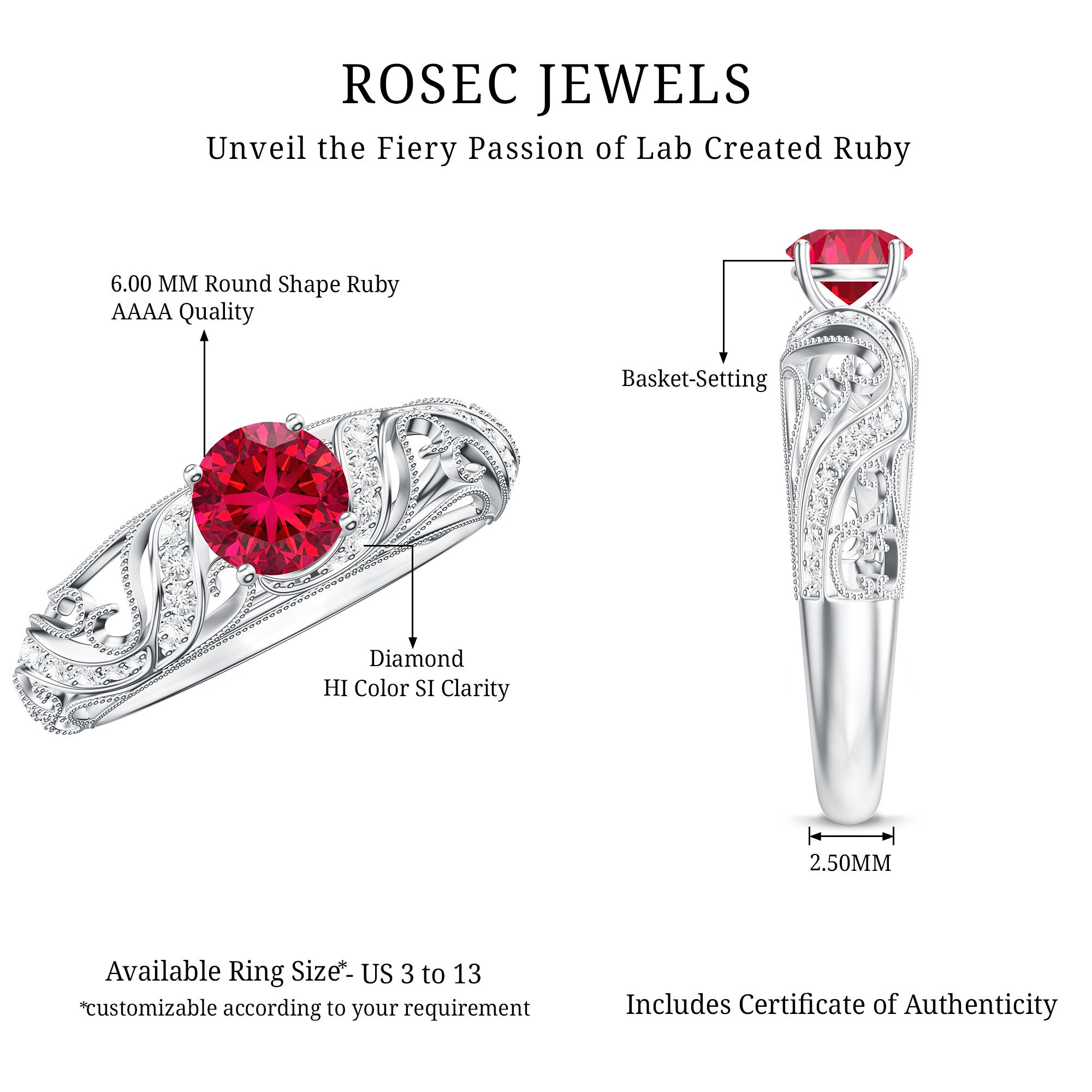 Lab Created Ruby and Diamond Vintage Inspired Engagement Ring AAAA - Rosec Jewels