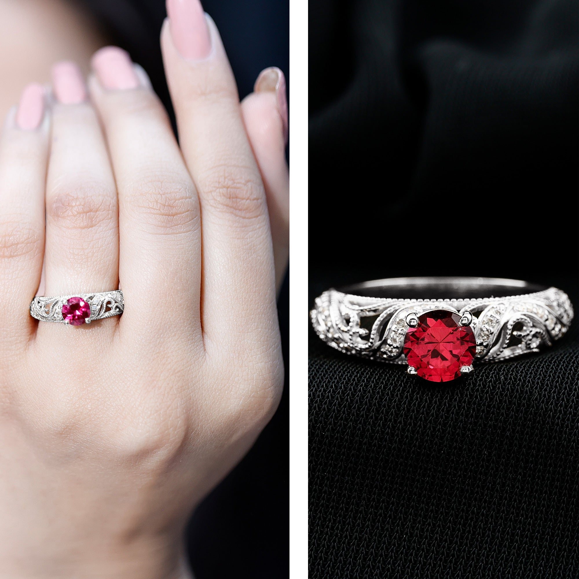 Lab Created Ruby and Diamond Vintage Inspired Engagement Ring AAAA - Rosec Jewels