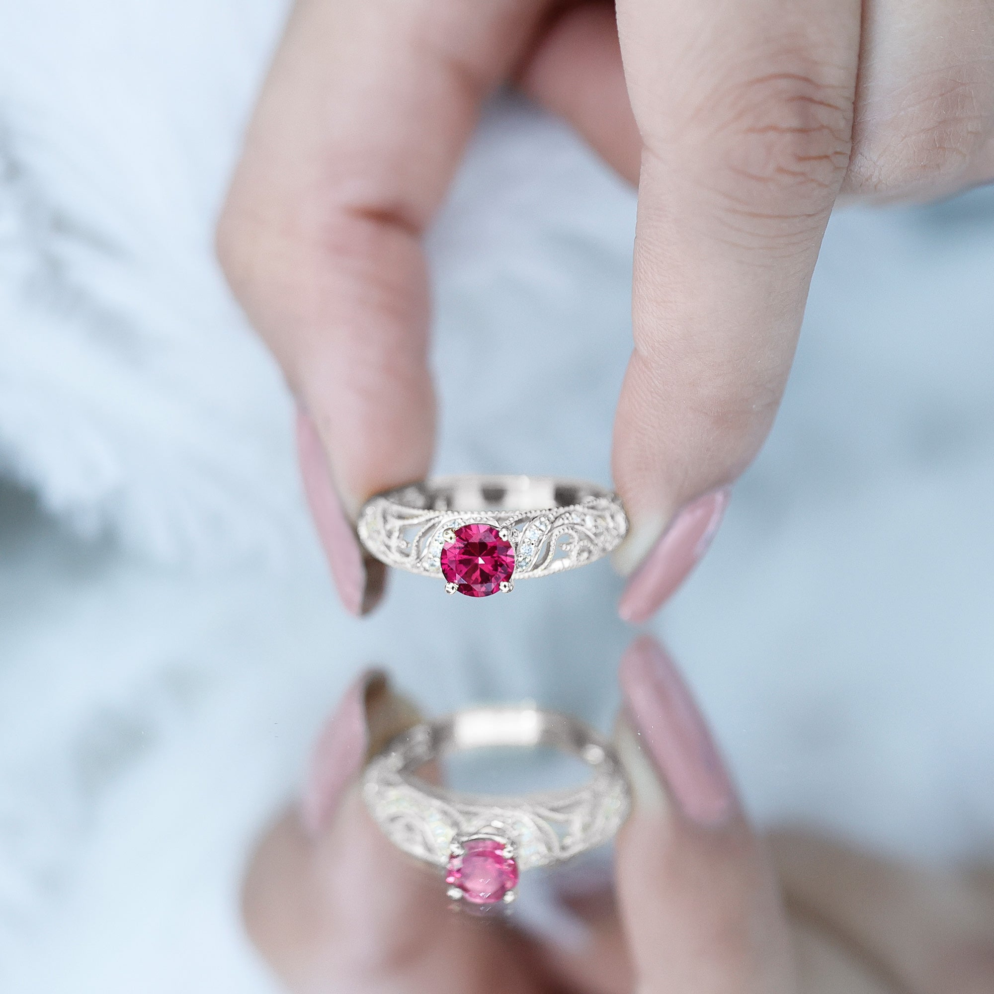 Lab Created Ruby and Diamond Vintage Inspired Engagement Ring AAAA - Rosec Jewels
