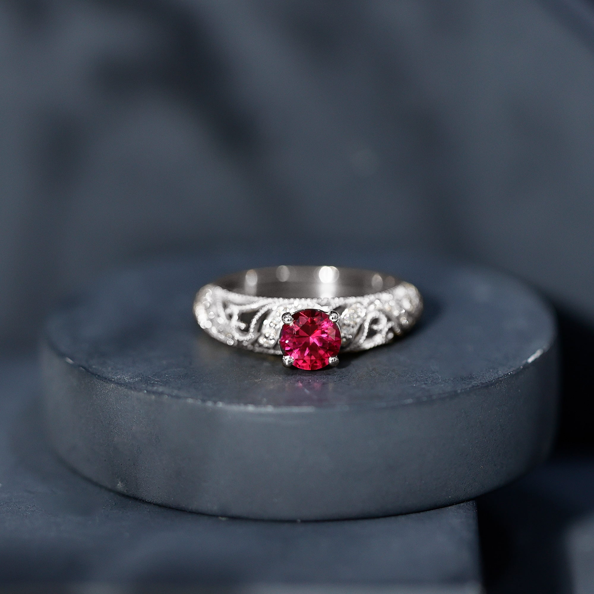 Lab Created Ruby and Diamond Vintage Inspired Engagement Ring AAAA - Rosec Jewels
