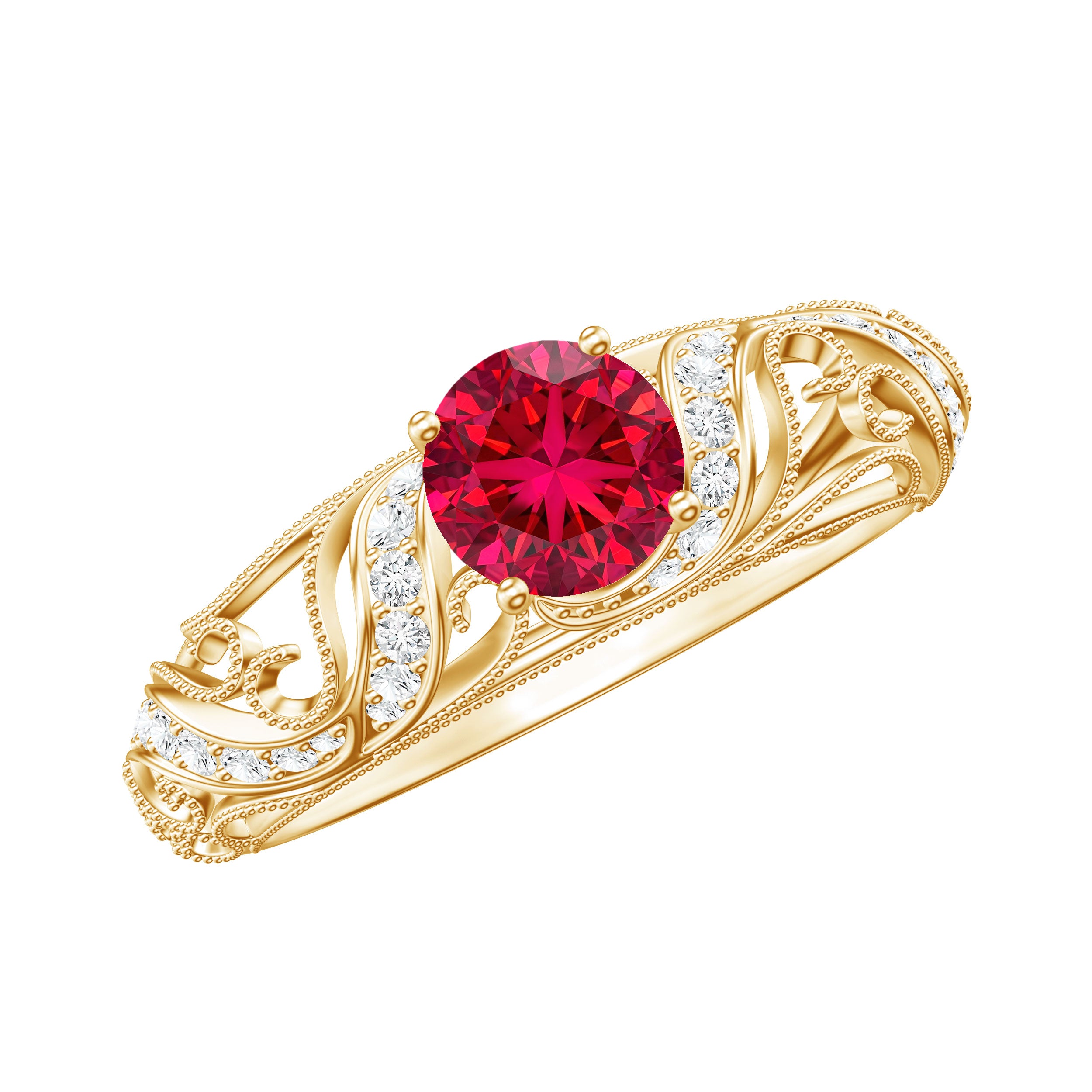 Lab Created Ruby and Diamond Vintage Inspired Engagement Ring AAAA - Rosec Jewels