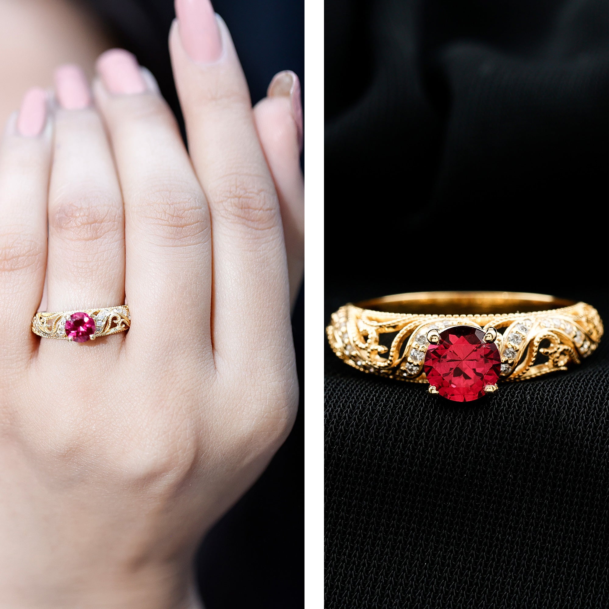 Lab Created Ruby and Diamond Vintage Inspired Engagement Ring AAAA - Rosec Jewels