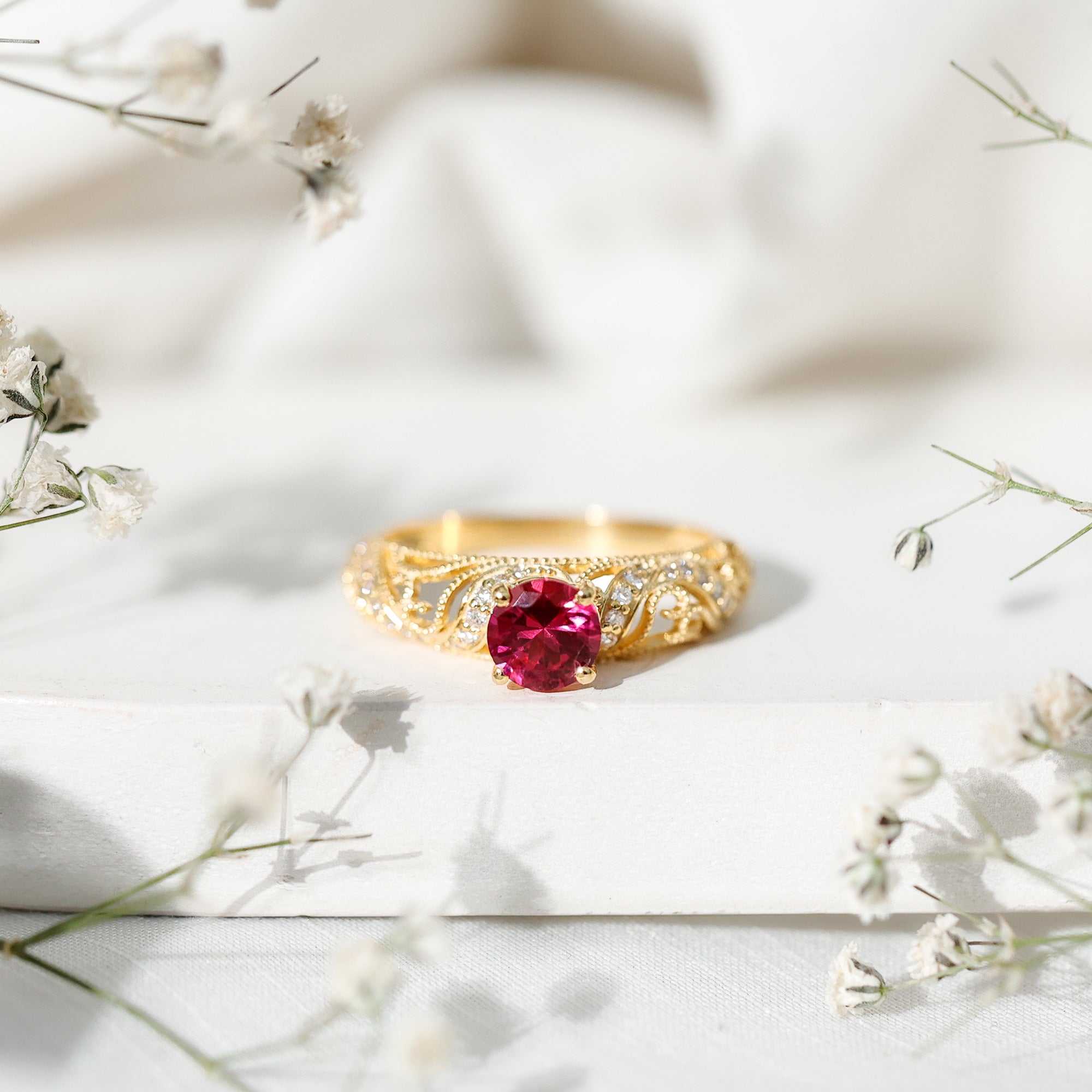Lab Created Ruby and Diamond Vintage Inspired Engagement Ring AAAA - Rosec Jewels