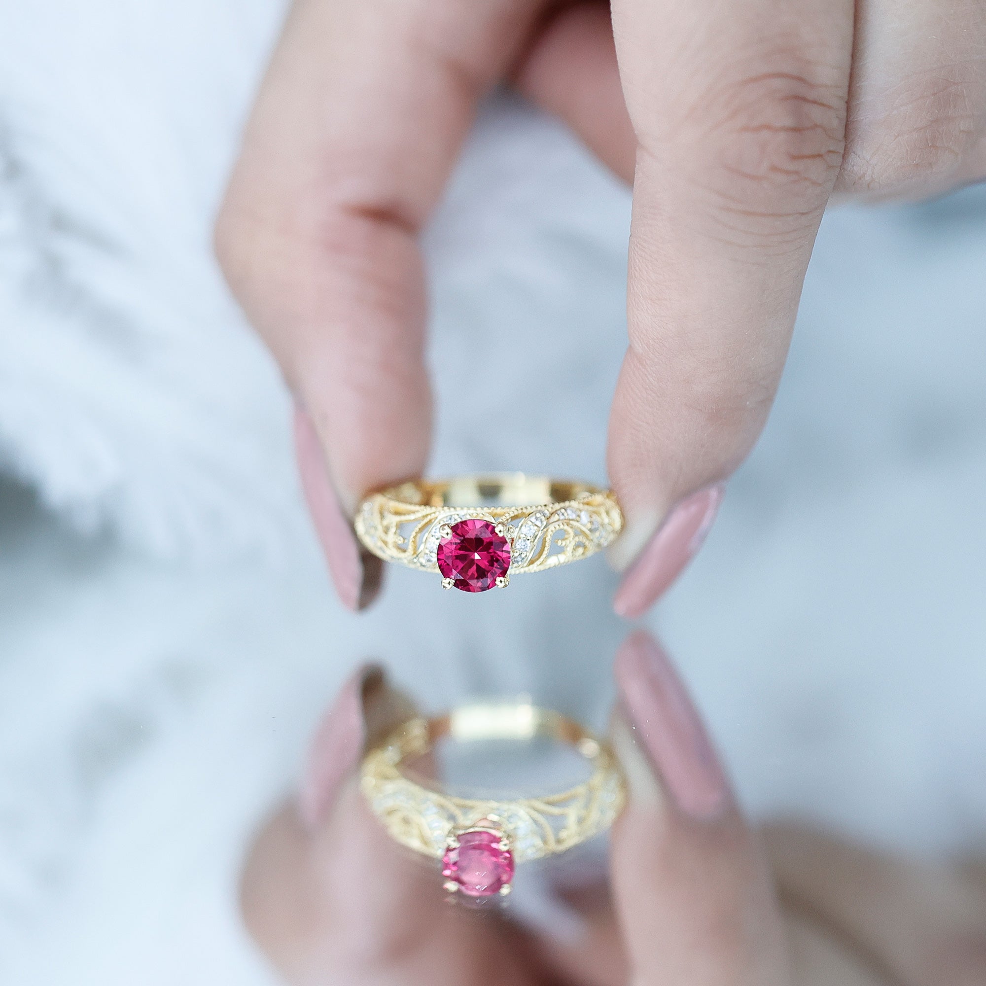 Lab Created Ruby and Diamond Vintage Inspired Engagement Ring AAAA - Rosec Jewels