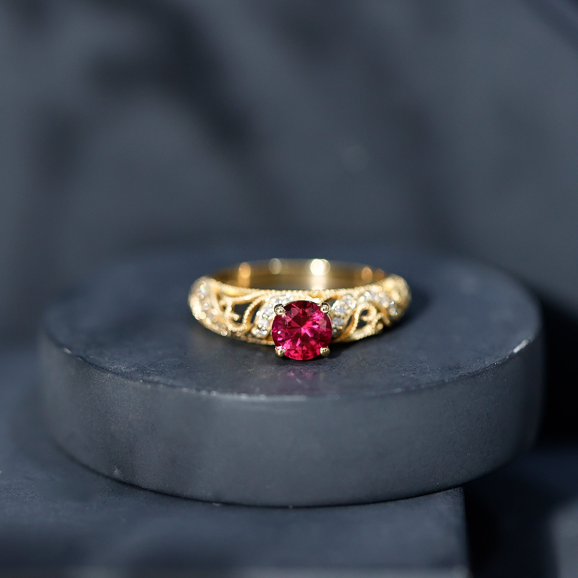 Lab Created Ruby and Diamond Vintage Inspired Engagement Ring AAAA - Rosec Jewels