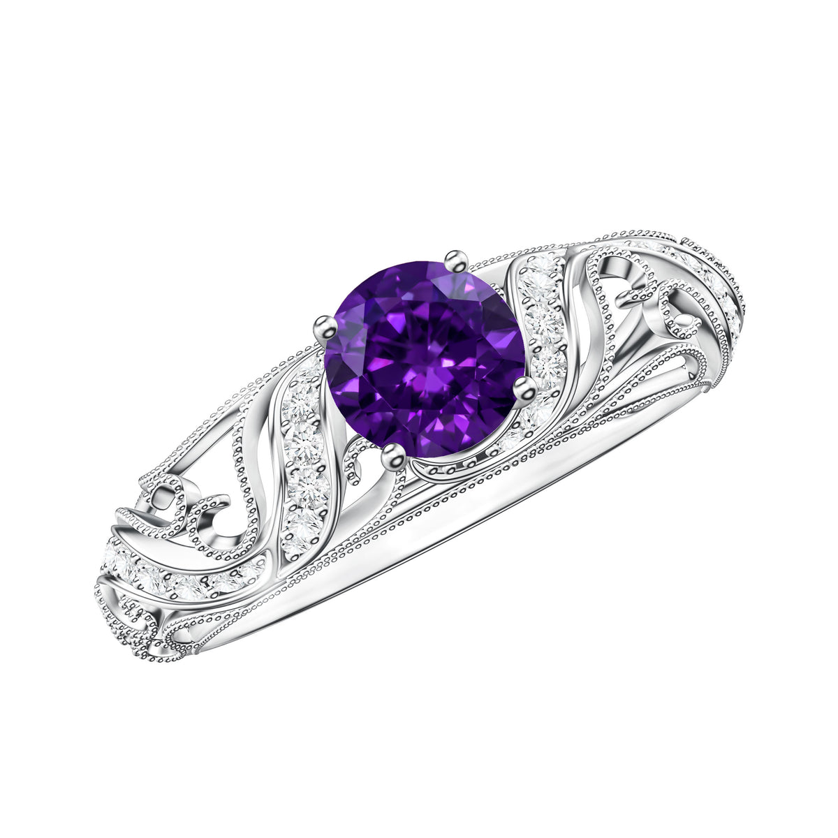 Vintage Inspired 1.2 Carat Amethyst Engagement Ring with Diamond AAA - Rosec Jewels