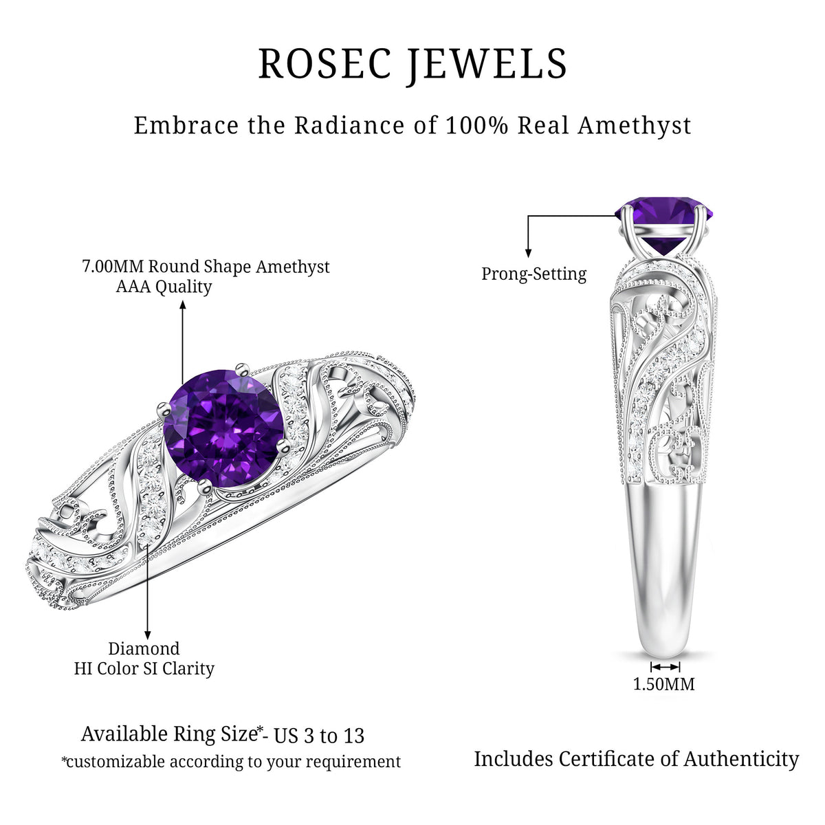 Vintage Inspired 1.2 Carat Amethyst Engagement Ring with Diamond AAA - Rosec Jewels