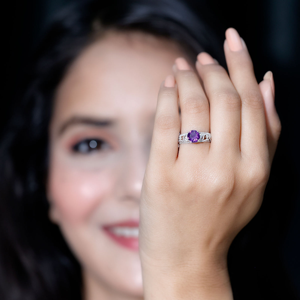 Vintage Inspired 1.2 Carat Amethyst Engagement Ring with Diamond AAA - Rosec Jewels