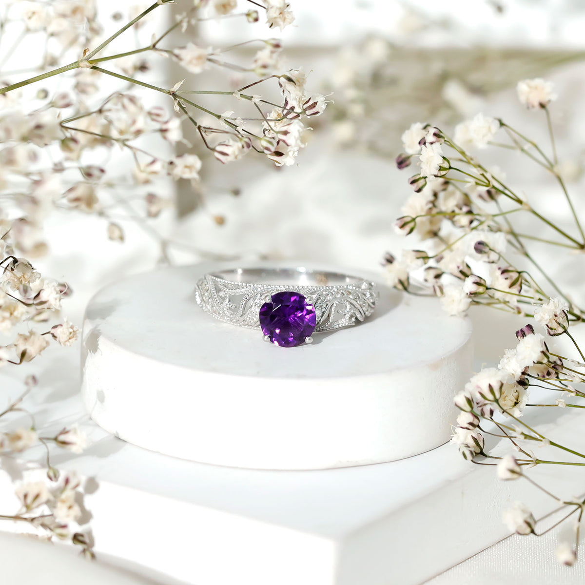 Vintage Inspired 1.2 Carat Amethyst Engagement Ring with Diamond AAA - Rosec Jewels