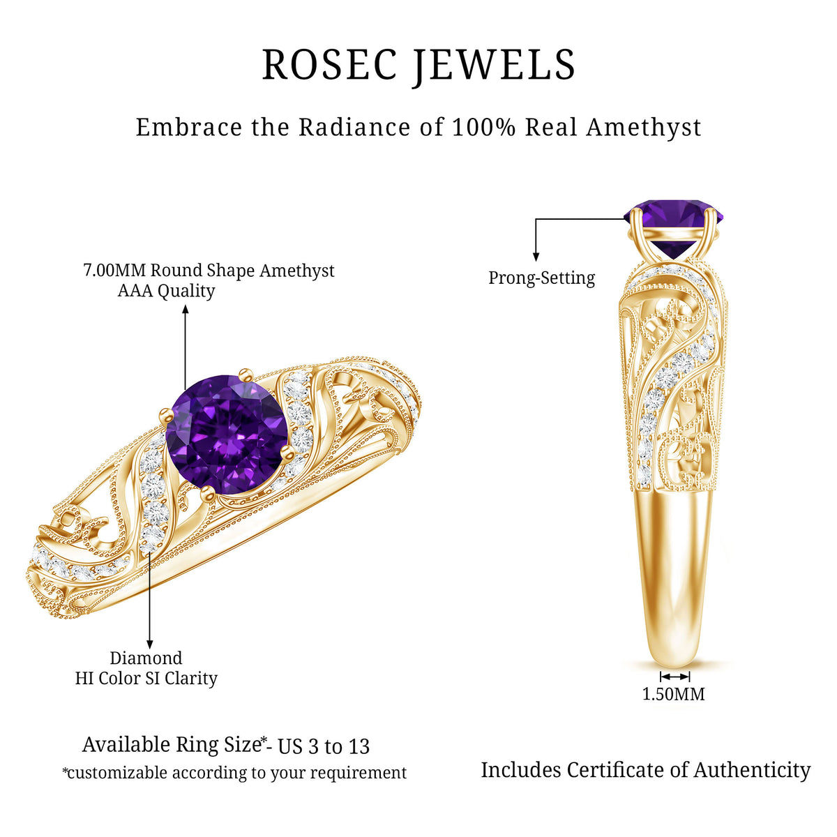 Vintage Inspired 1.2 Carat Amethyst Engagement Ring with Diamond AAA - Rosec Jewels