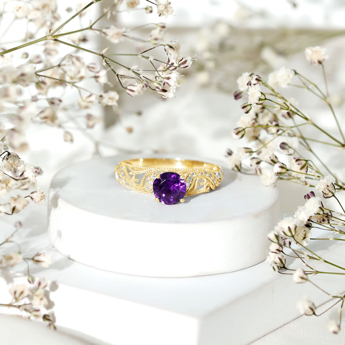 Vintage Inspired 1.2 Carat Amethyst Engagement Ring with Diamond AAA - Rosec Jewels